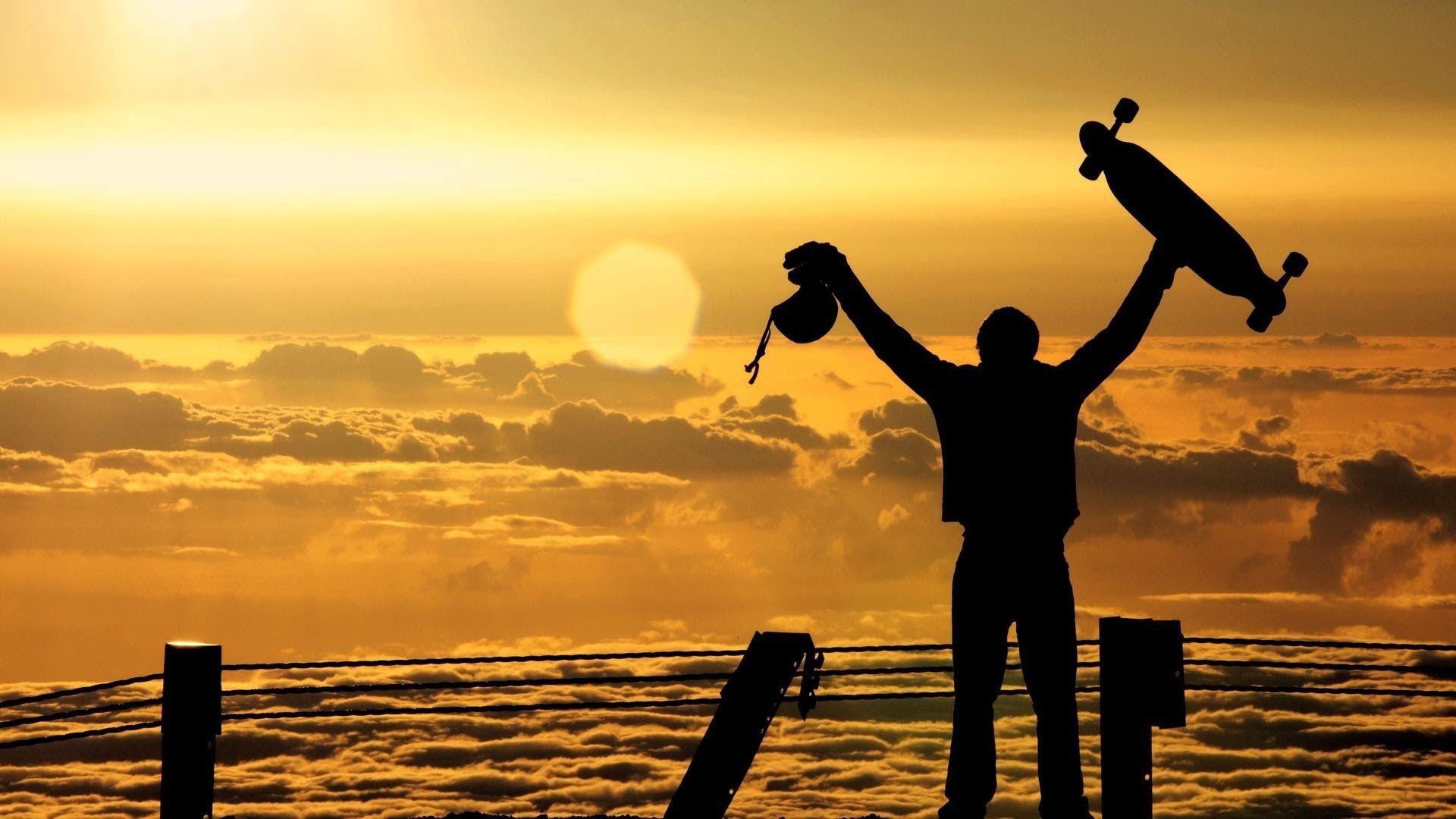 Longboard, Silhouette, Tramonto, Mare di nuvole, 16:9 Full HD, sfondo widescreen