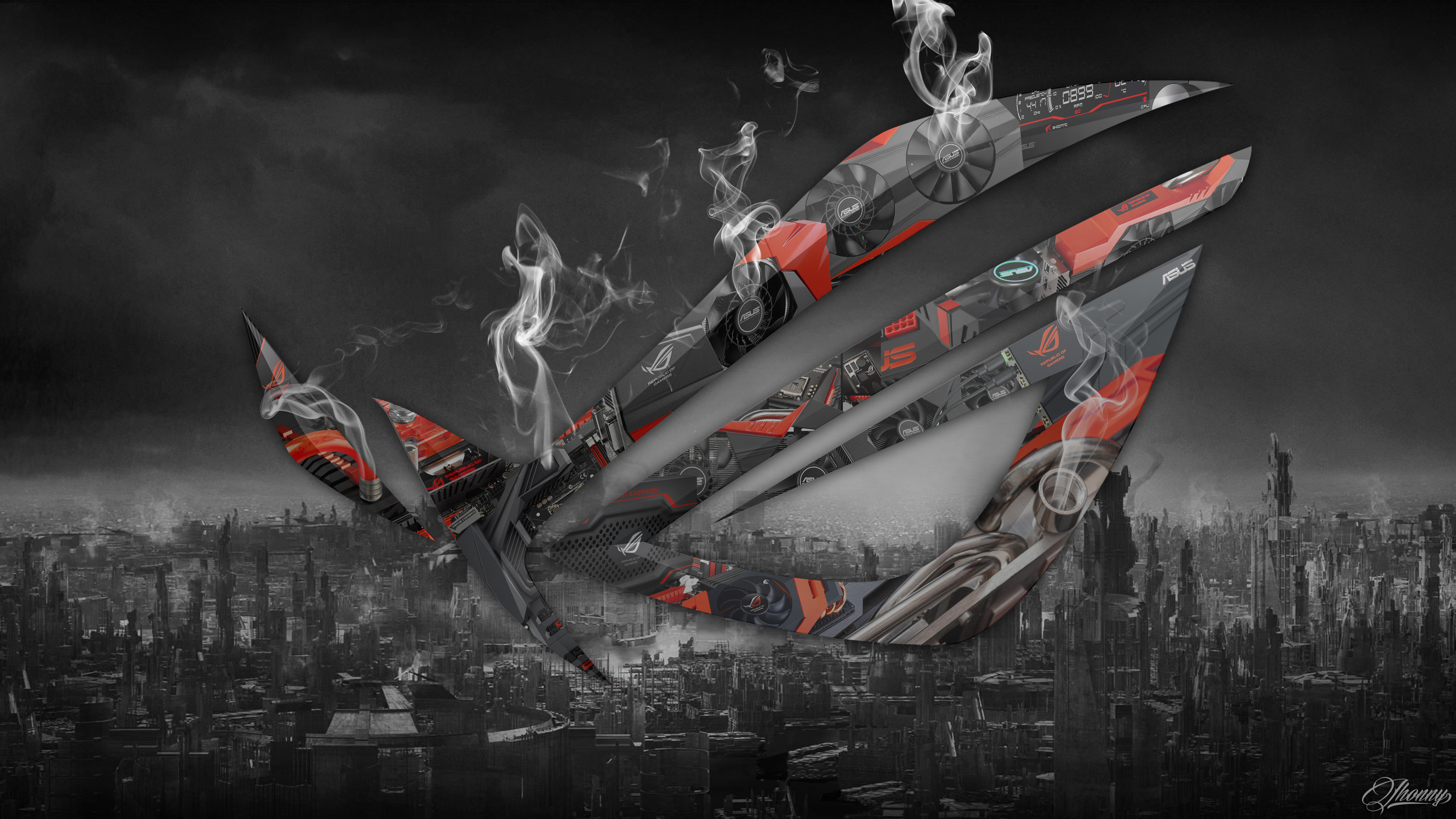 Logo ROG, ASUS ROG, Città, Fumo, Bianco e nero, 4K, sfondo Windows 11