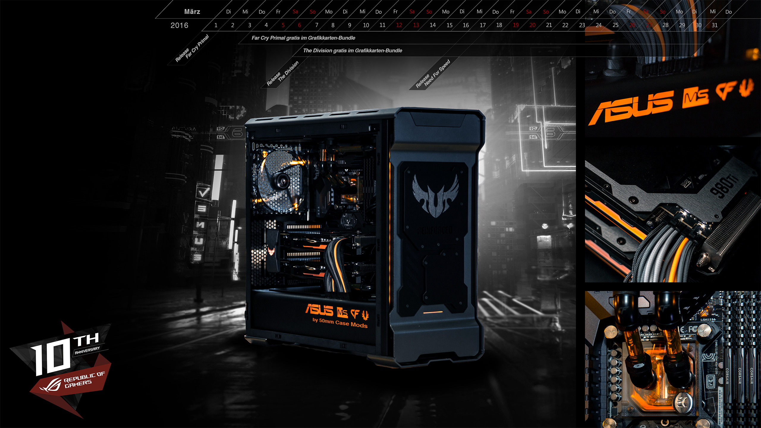 ASUS TUF Gaming, PC da gaming, Case, Raffreddamento a liquido, Arancione, sfondo 16:9 2K