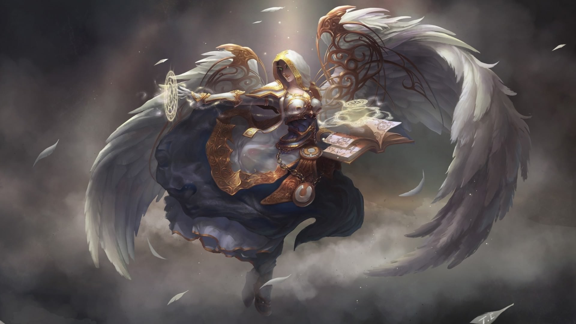Kayle, Angelo guerriero, Armatura dorata, Ali, Arte fantasy, Full HD 1080p, sfondo desktop