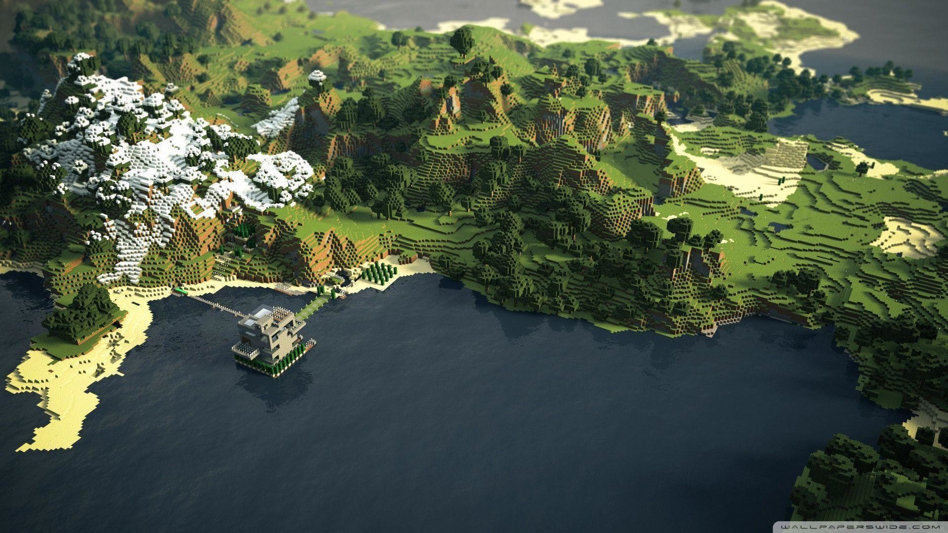 Minecraft, Paesaggio, Isola, Montagne innevate, Mare, Full HD, sfondo per PC e portatile