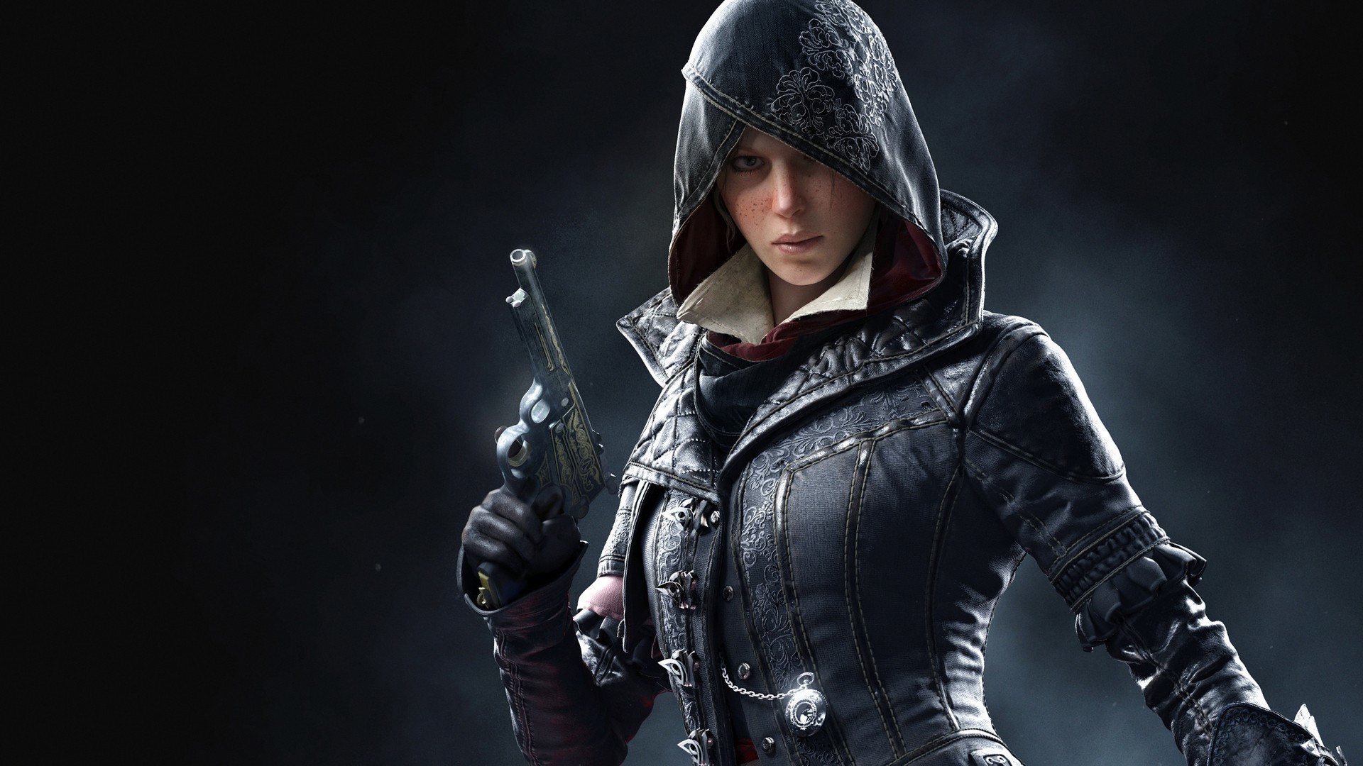 Evie Frye, Assassin's Creed Syndicate, Pistola, Sfondo scuro, 16:9 Full HD, wallpaper widescreen
