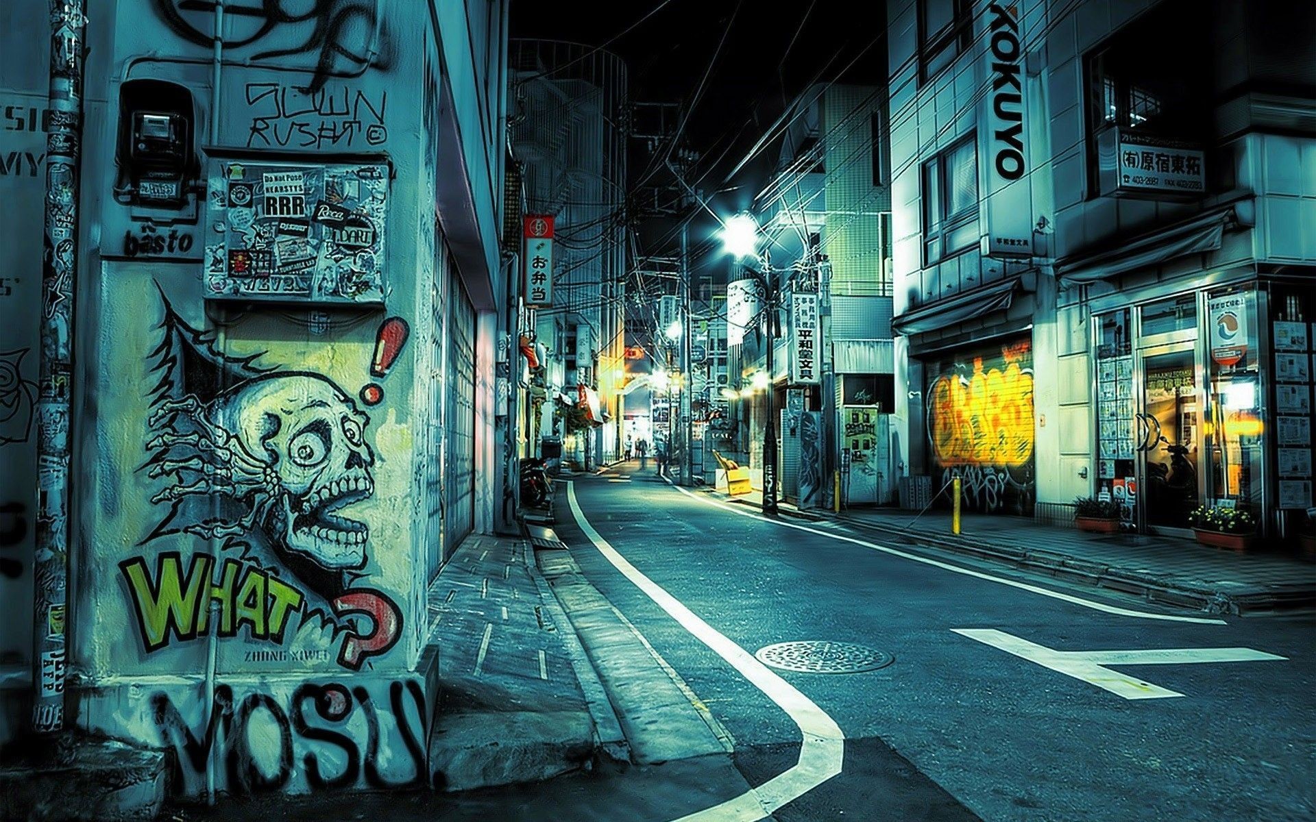 Tokyo, Vicolo, Graffiti, Notte, Full HD, sfondo desktop