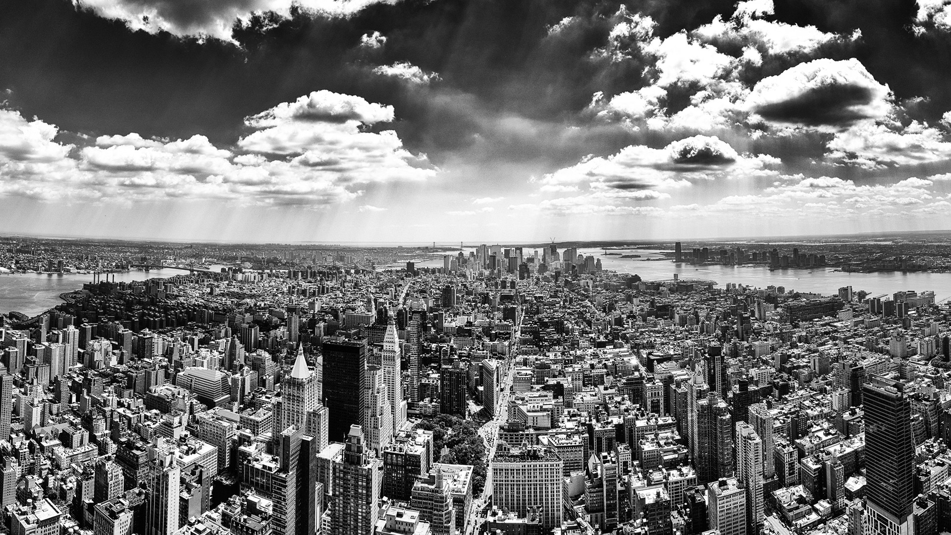 New York, Manhattan, Skyline, Bianco e nero, Nuvole, Vista aerea, sfondo desktop 1080p