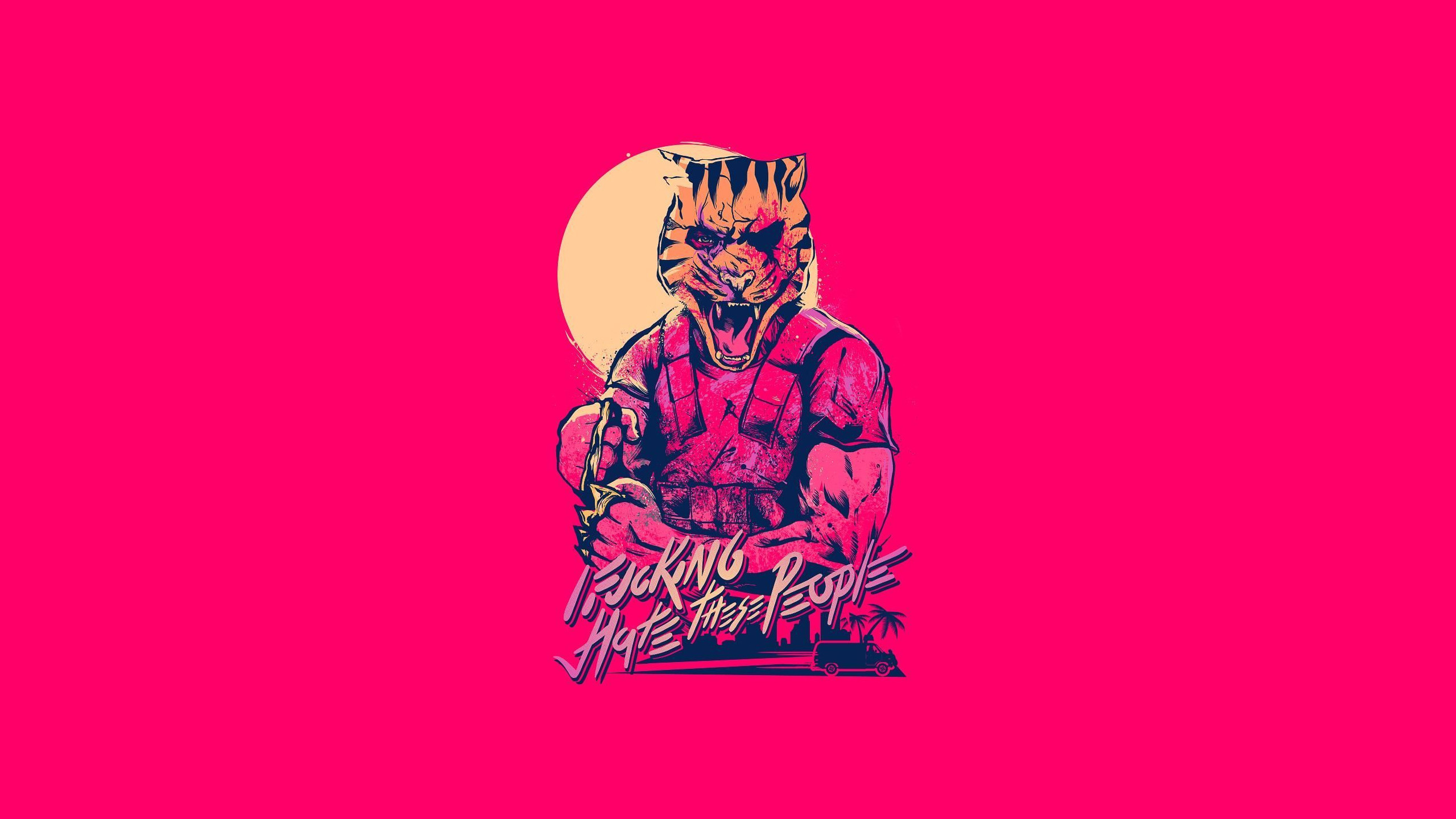 Hotline Miami, Tony, Maschera da tigre, Sfondo rosa, 2K, wallpaper per portatile