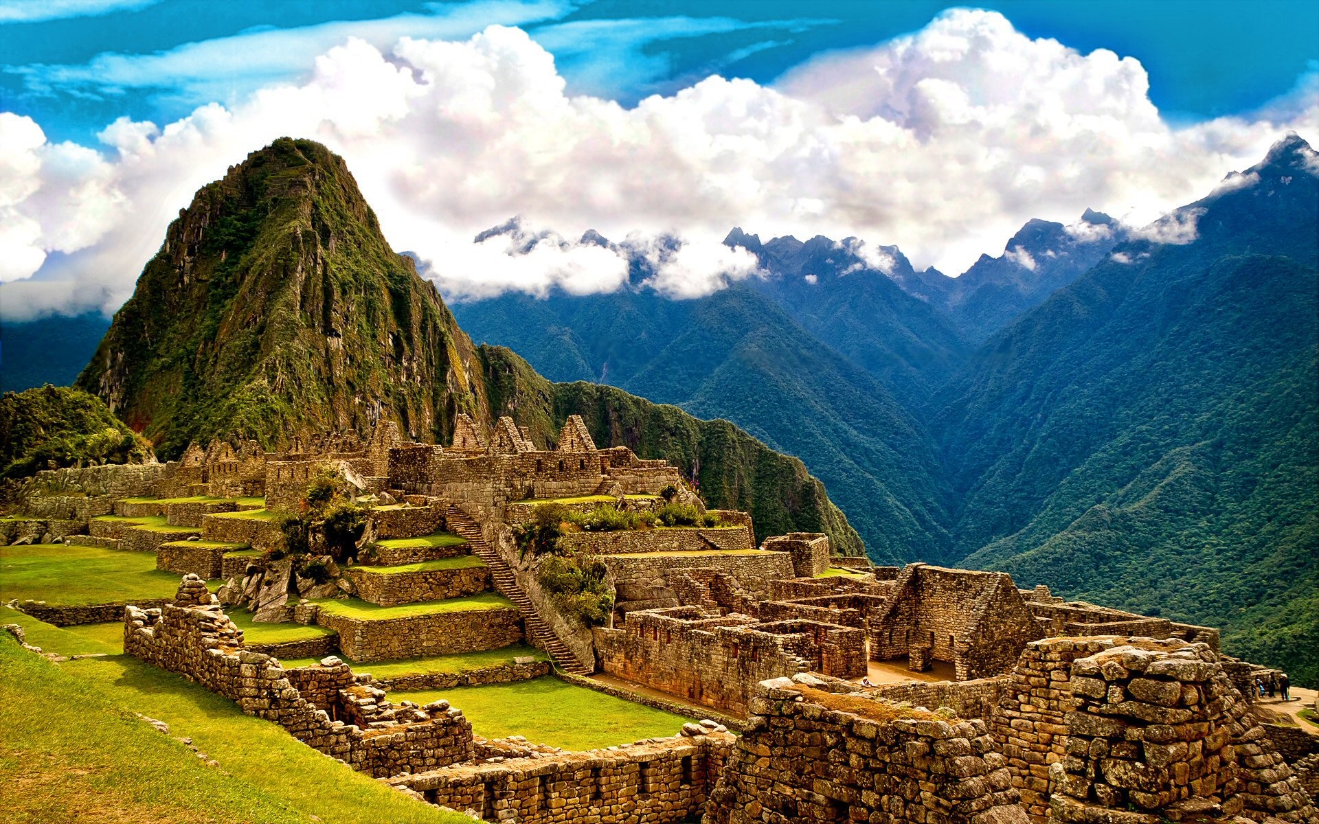 Machu Picchu, Huayna Picchu, Perù, Terrazzamenti, Nuvole, Full HD, sfondo per PC