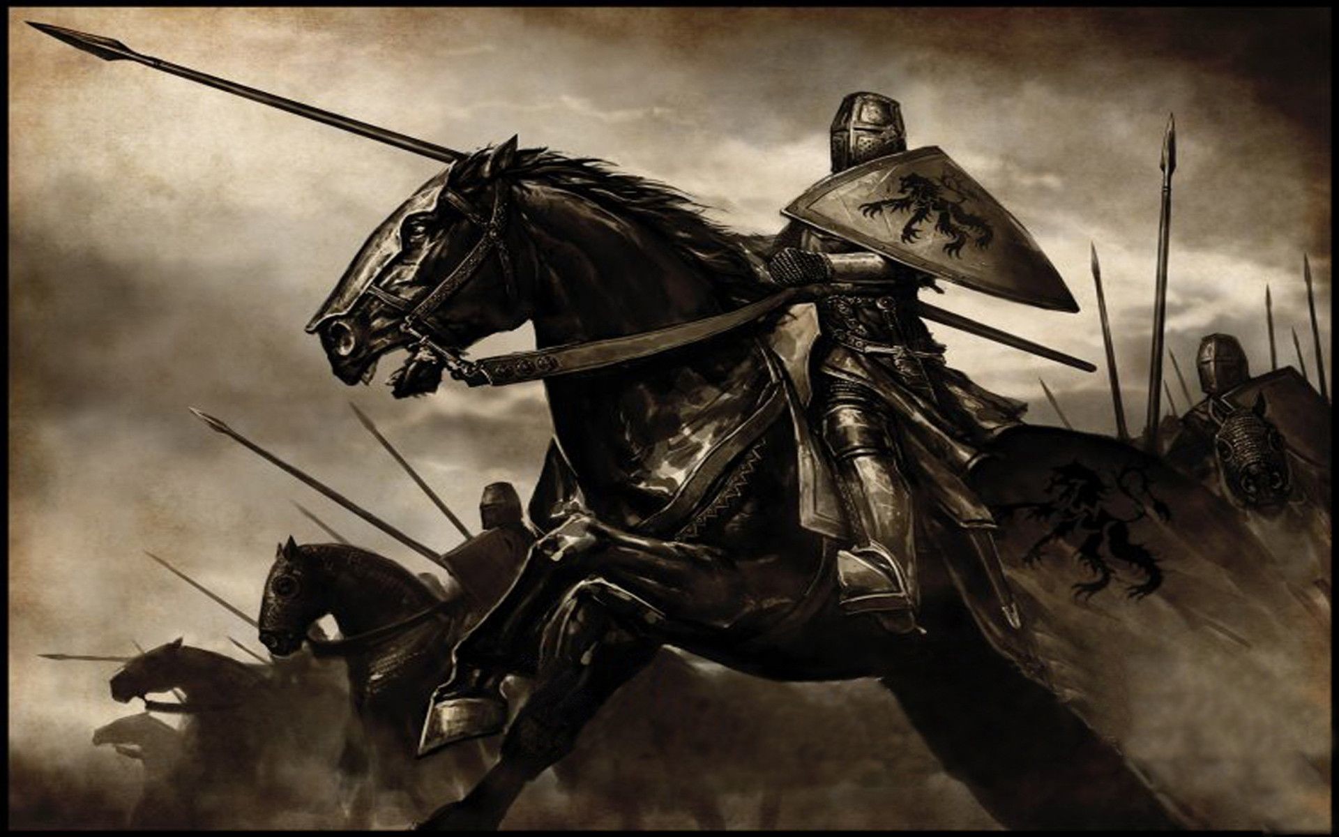 Cavaliere a cavallo, Lancia, Carica, Seppia, Scudo, 1920x1200, immagine di sfondo