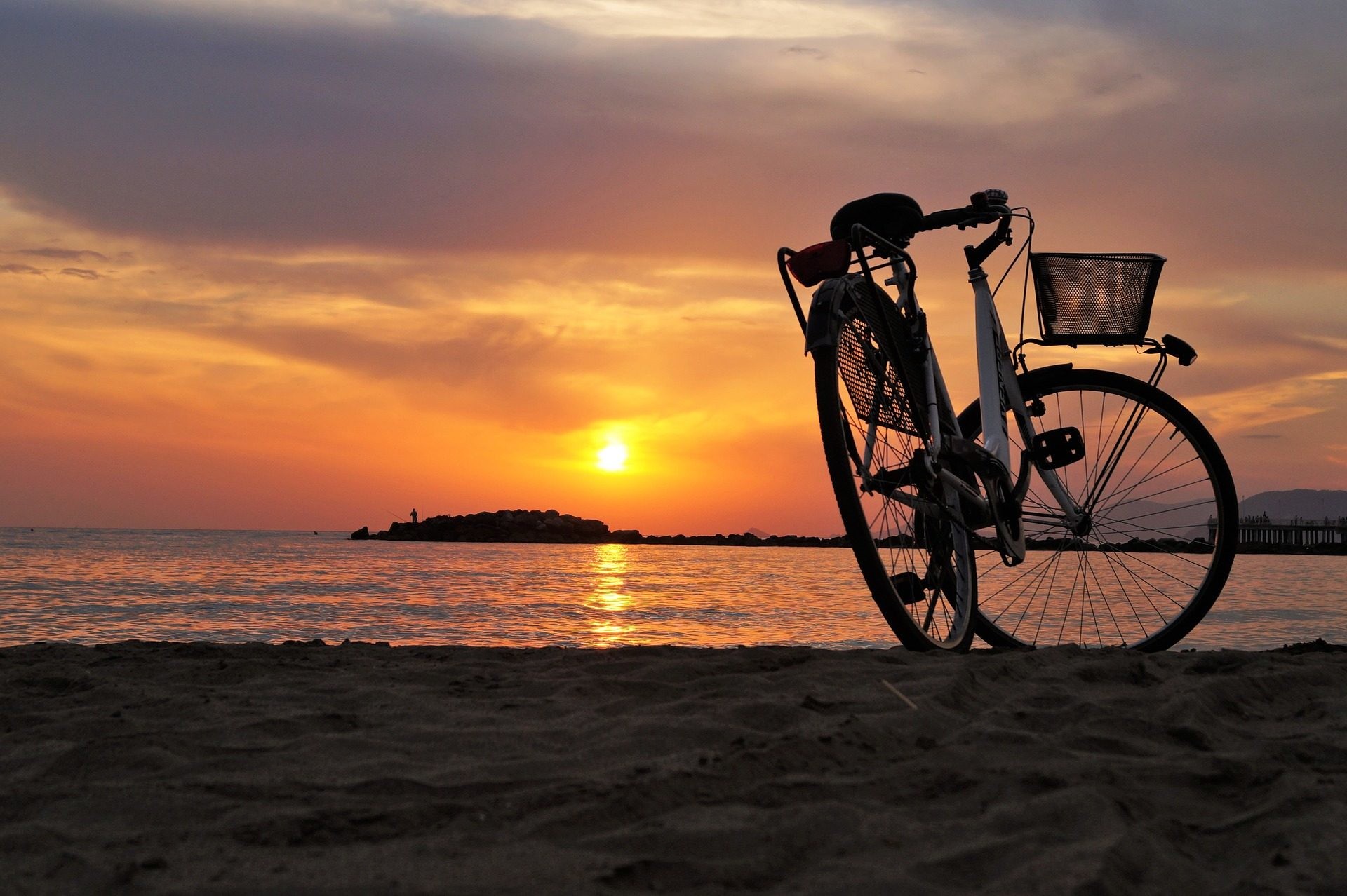 Bicicletta, Tramonto, Spiaggia, Silhouette, Full HD, sfondo desktop