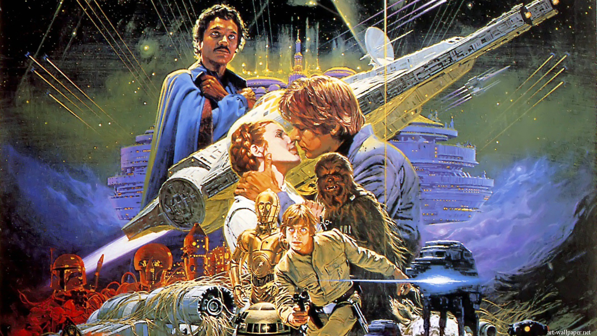 Star Wars: L'Impero colpisce ancora, Lando Calrissian, Han Solo, Principessa Leia, Millennium Falcon, Poster, sfondo Full HD