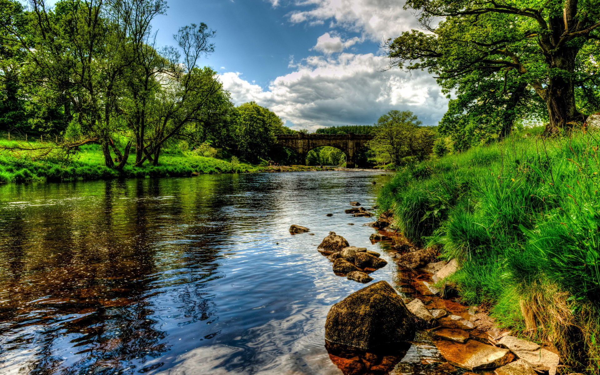 Fiume, Alberi, Ponte di pietra, Estate, HDR, Full HD, sfondo per PC