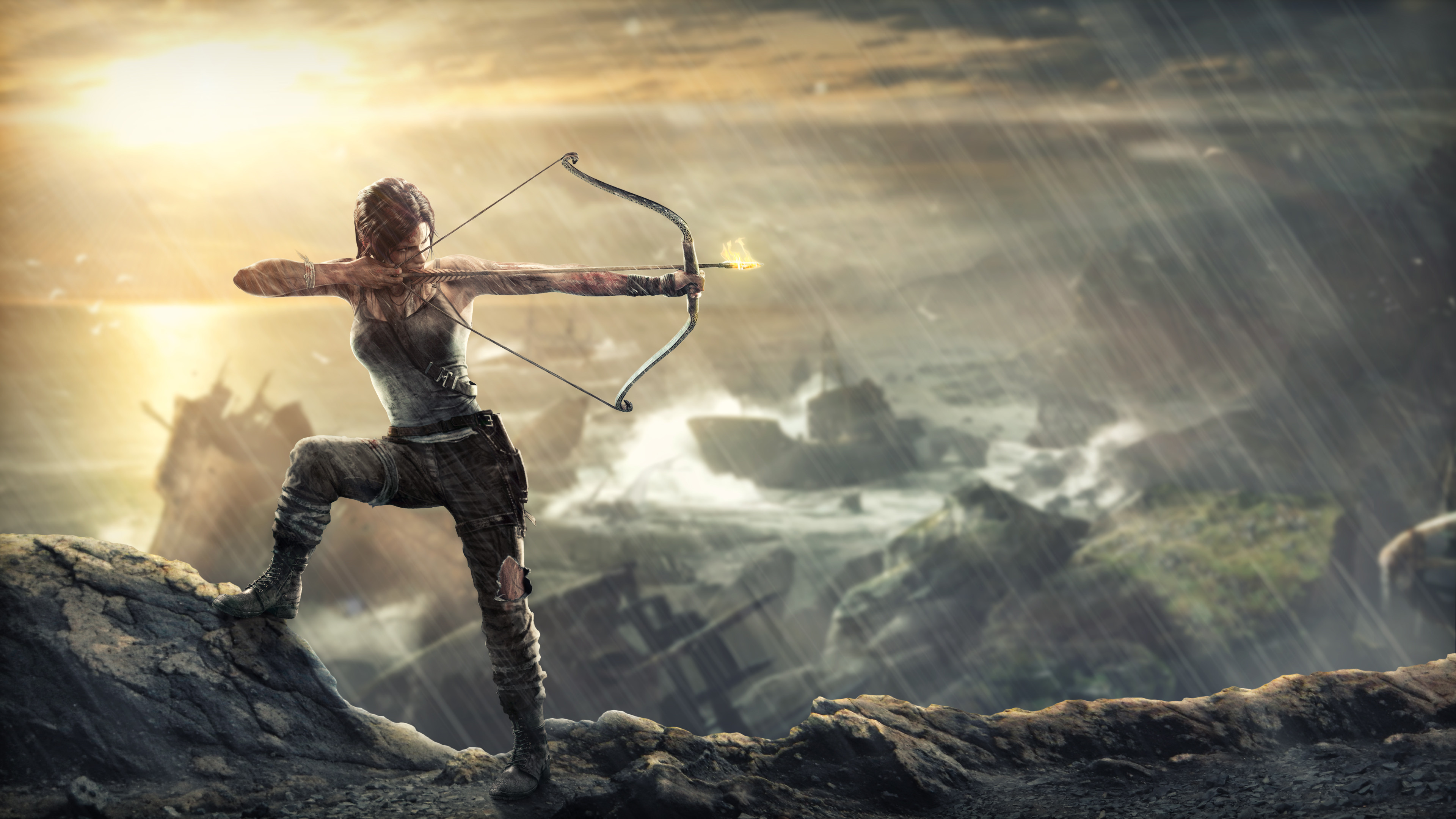 Lara Croft, Tomb Raider (2013), Arco, Tempesta, Scogliera, 16:9 4K, sfondo widescreen