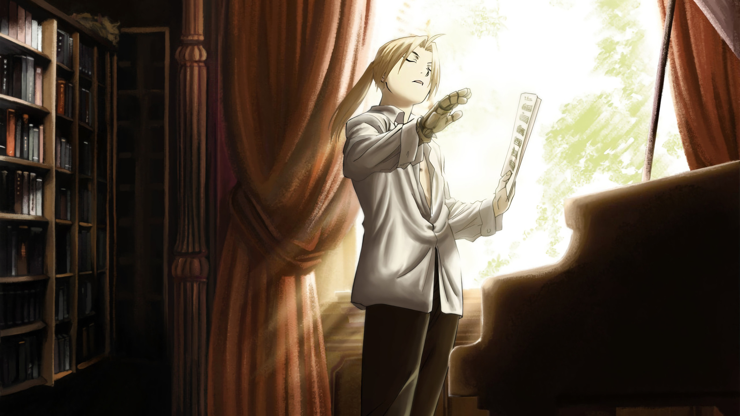 Edward Elric, Fullmetal Alchemist, Biblioteca, Luce dalla finestra, sfondo 2K per portatile