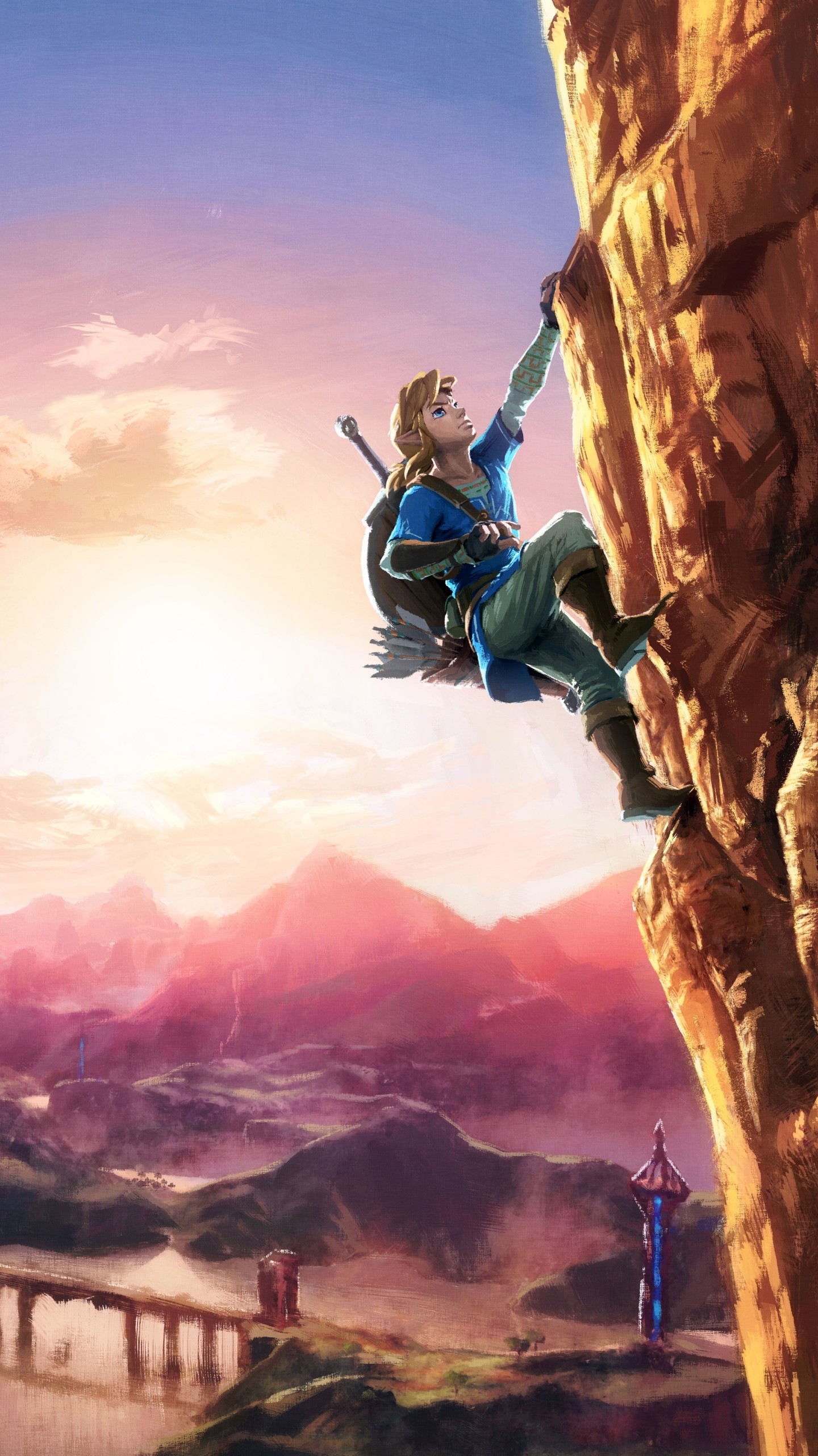 Link, The Legend of Zelda: Breath of the Wild, Arrampicata, Tramonto, sfondo QHD+ per cellulare