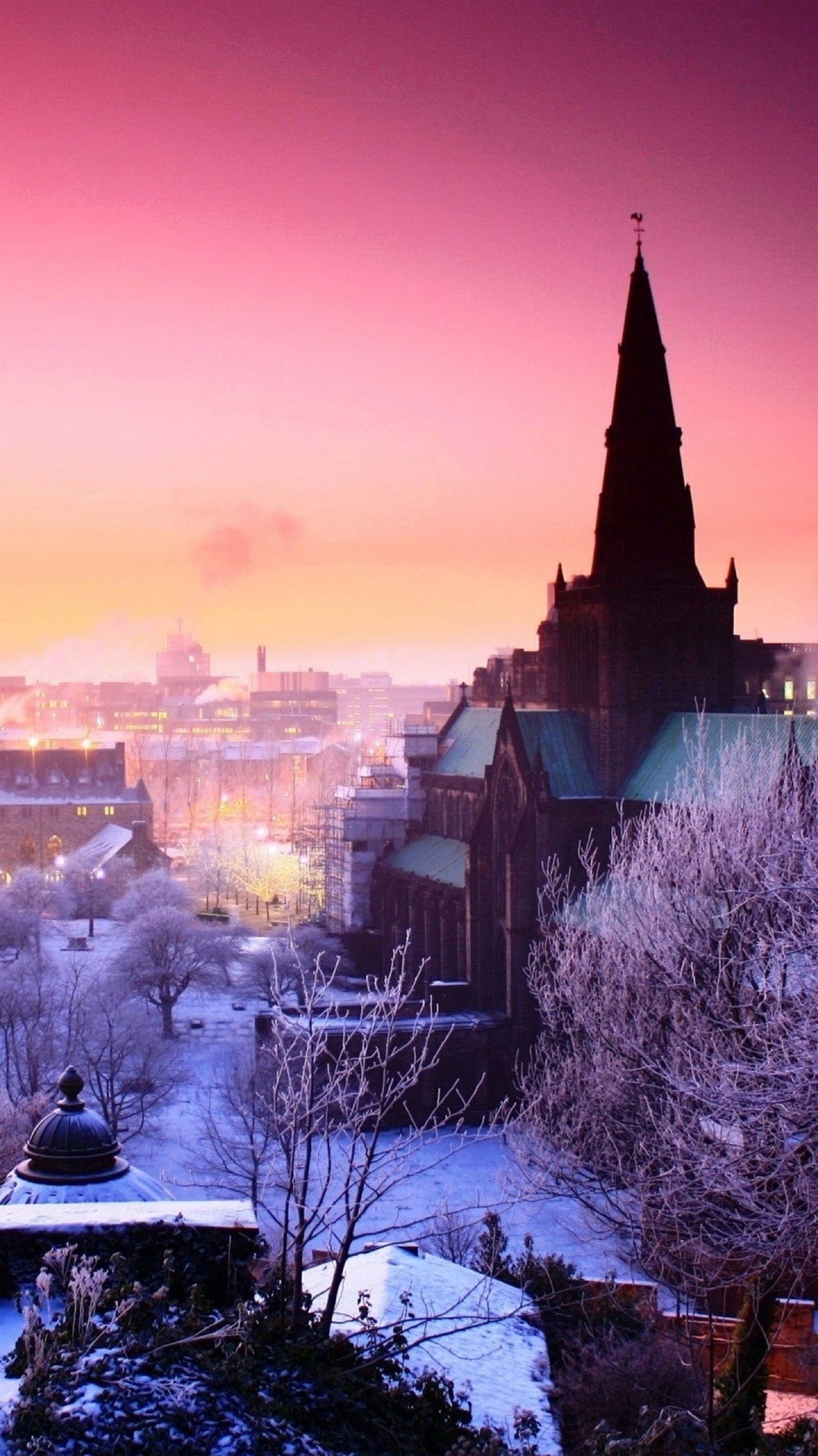 Cattedrale di Glasgow, Glasgow, Scozia, Inverno, Cielo rosa, QHD+, schermata di blocco iPhone 7