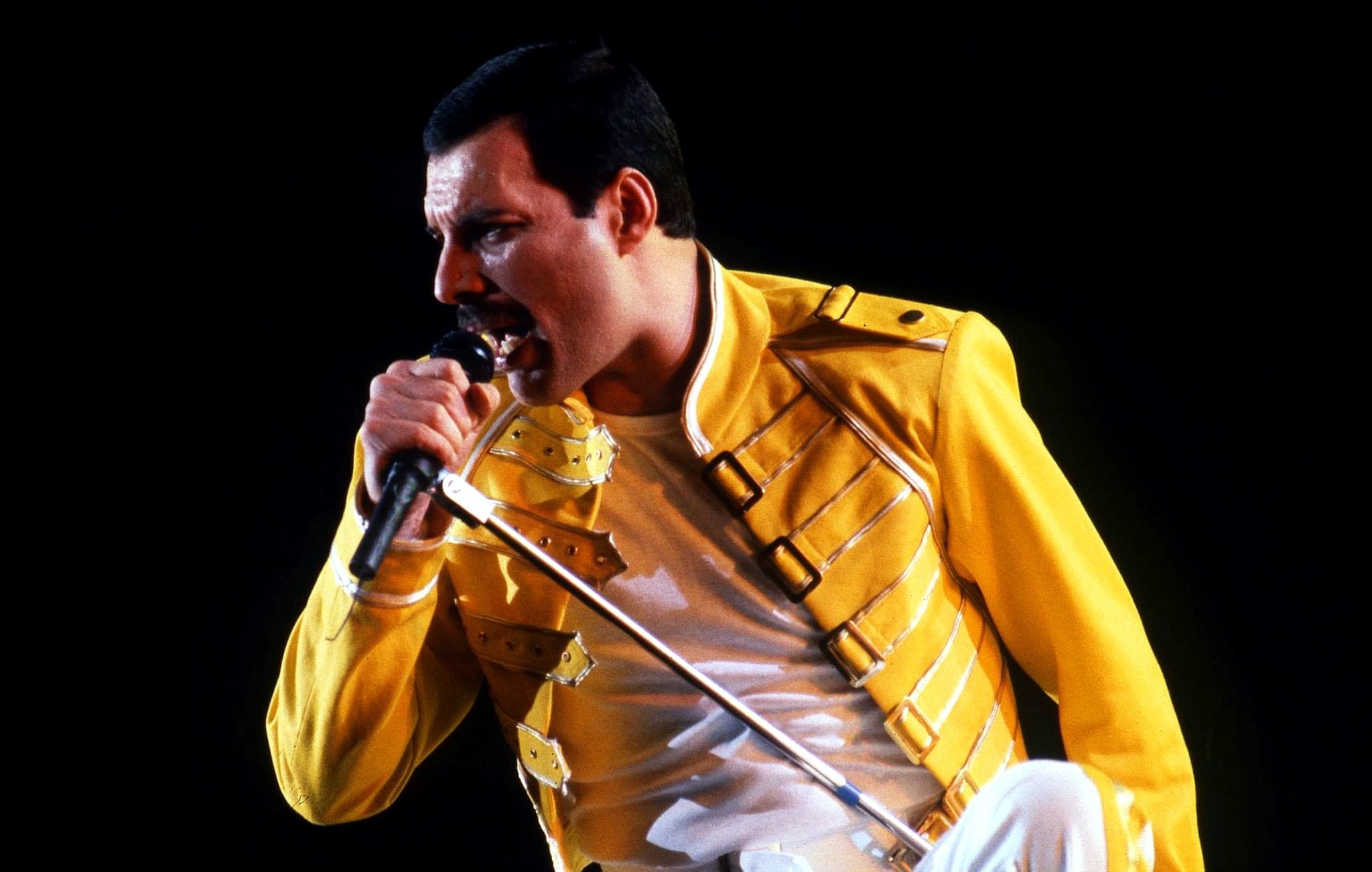 Freddie Mercury, Queen, Giacca gialla, Microfono, Magic Tour, Full HD, sfondo per PC e portatile