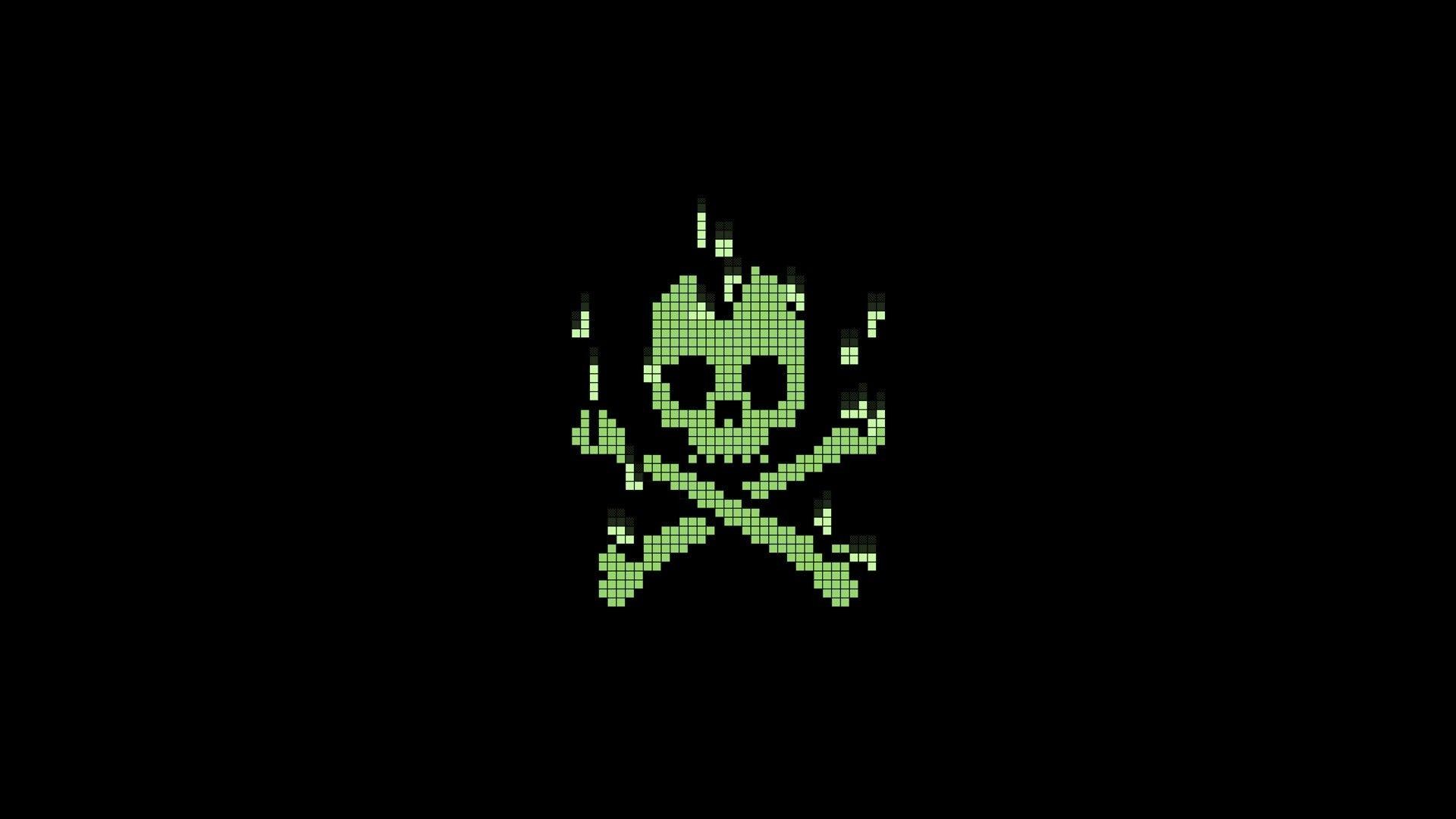 Teschio e ossa incrociate, Pixel art, Verde, Sfondo nero, 1920x1080, wallpaper desktop