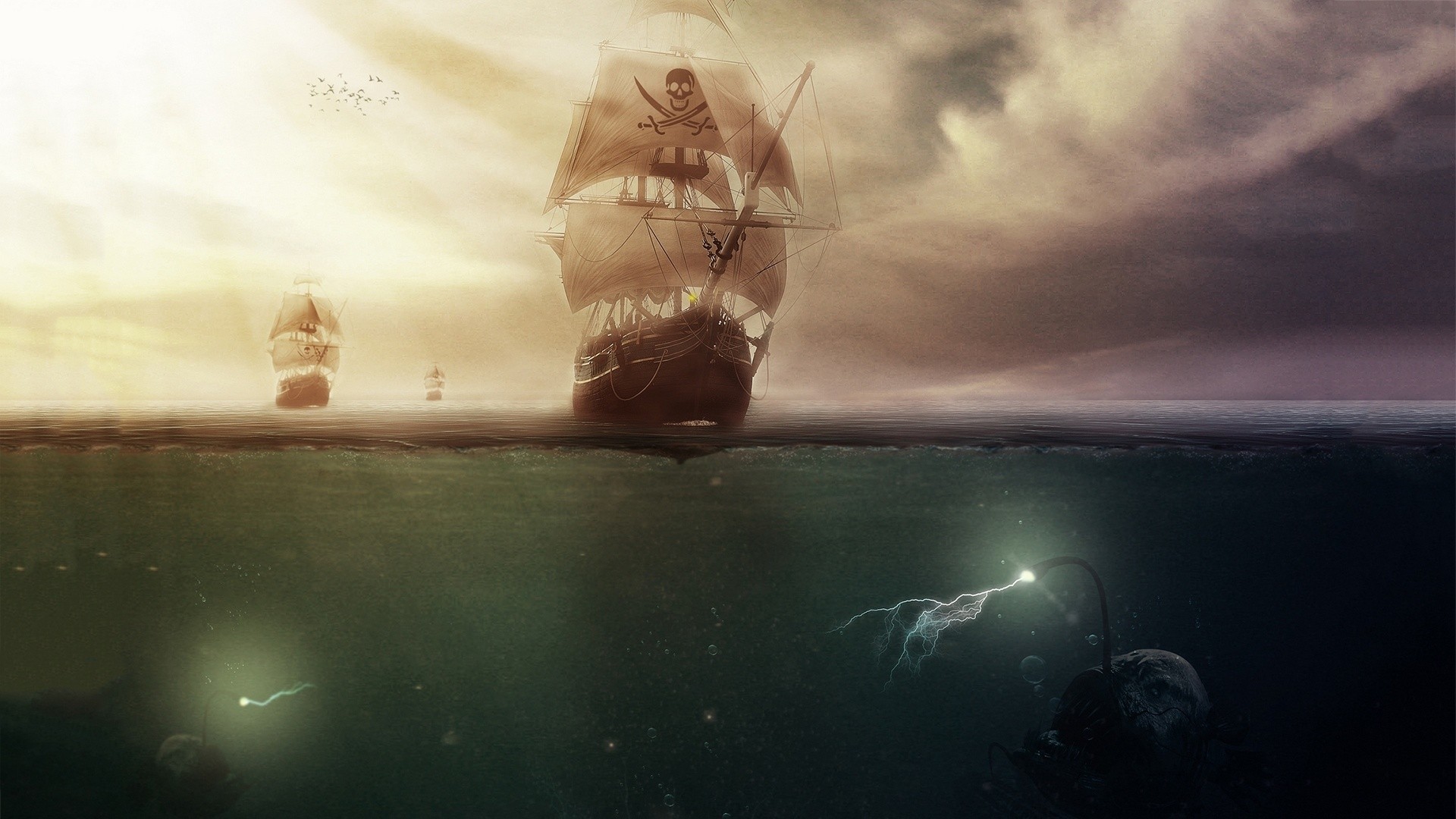 Nave pirata, Velieri, Mostro marino, Vista sopra e sotto l'acqua, Arte fantasy, sfondo 1080p