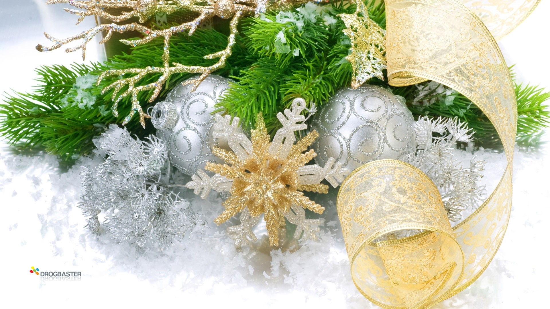 Palline di Natale, Fiocco di neve, Rami di abete, Argento, Oro, 1920x1080, immagine di sfondo