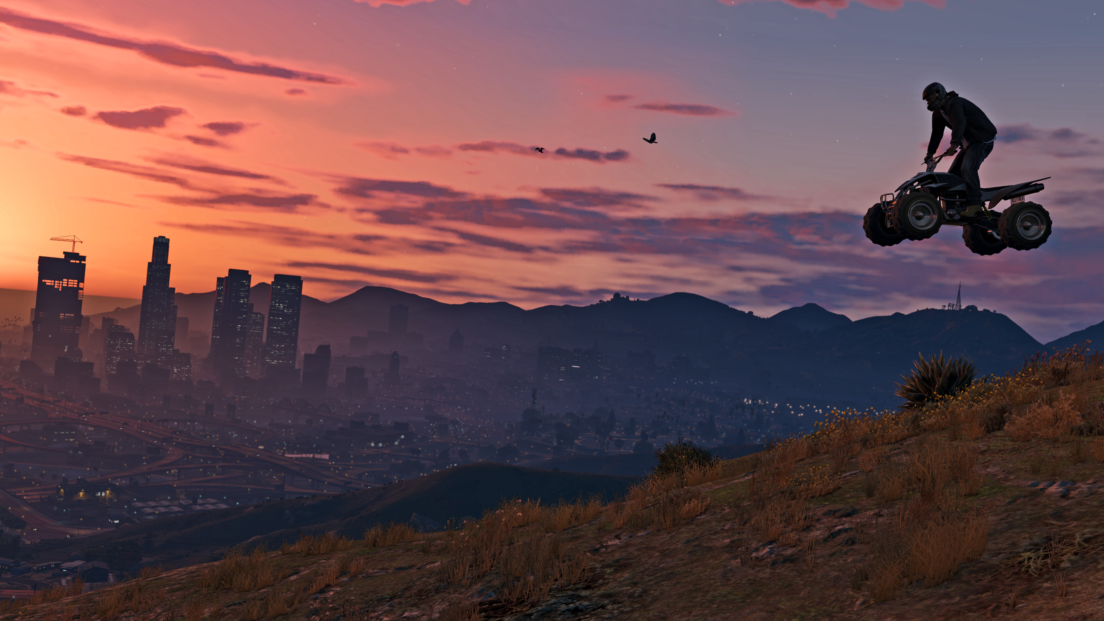Grand Theft Auto V, Quad, Salto, Los Santos, Tramonto, 16:9 4K, sfondo widescreen