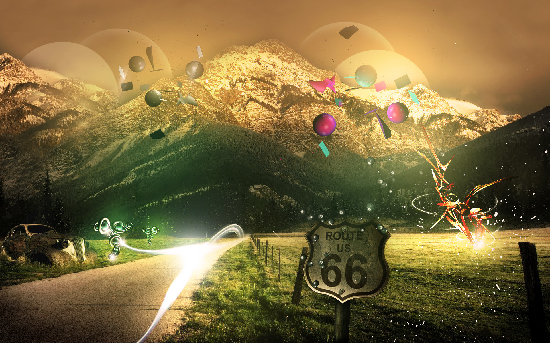 Route 66, Cartello US 66, Arte digitale, Montagne, Full HD, wallpaper per computer