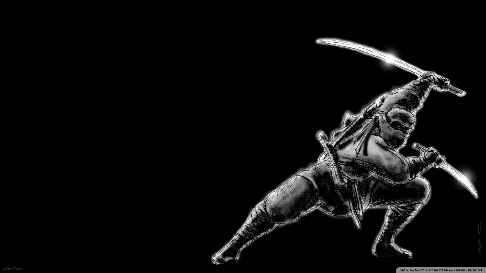 Ninja, Spade, Disegno, Sfondo nero, 16:9 Full HD, wallpaper widescreen