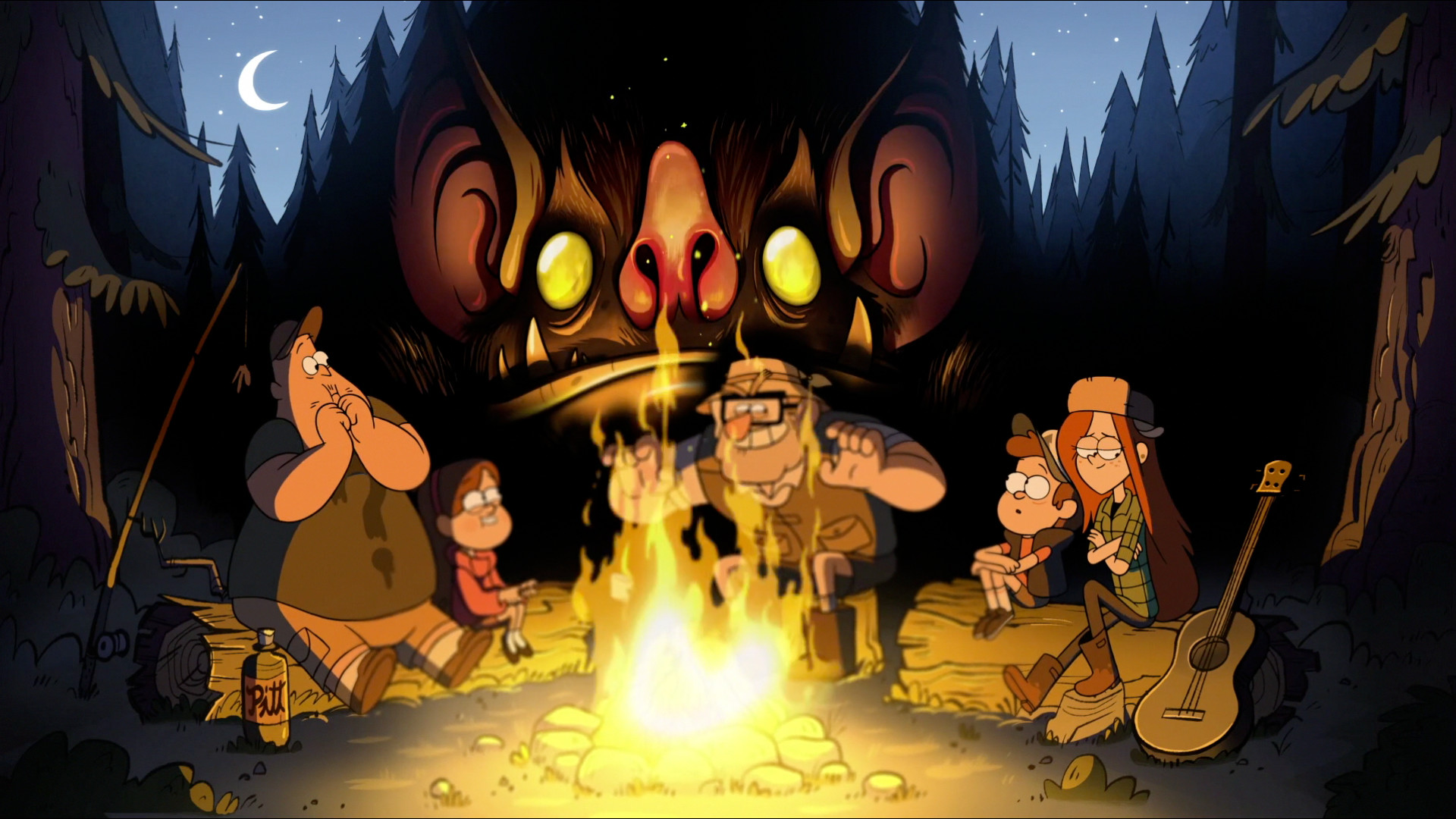 Gravity Falls, Falò, Notte, Dipper Pines, Mabel Pines, Wendy Corduroy, sfondo 1920x1080 per PC
