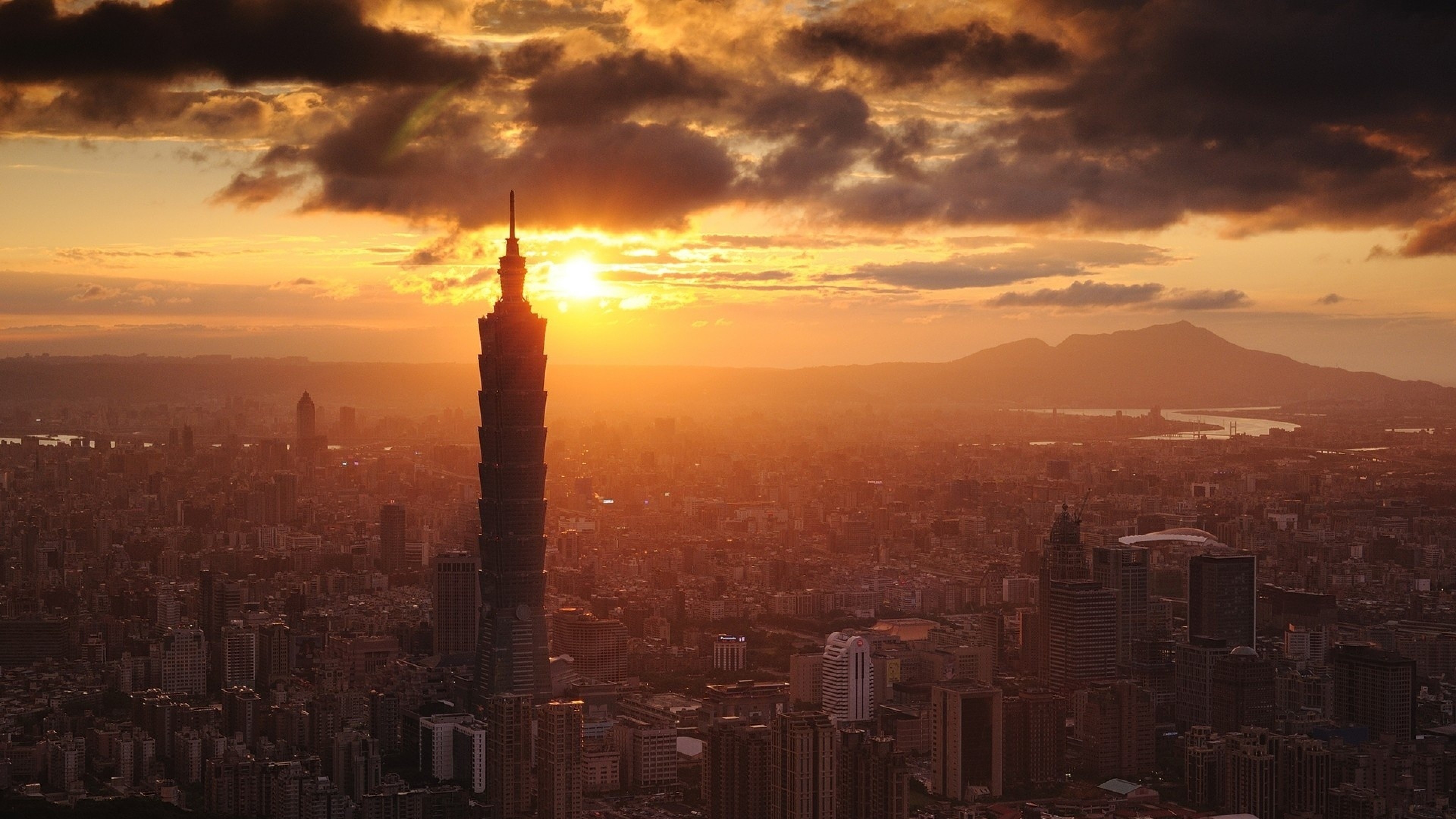 Taipei 101, Taipei, Skyline, Tramonto, 4K, sfondo per portatile