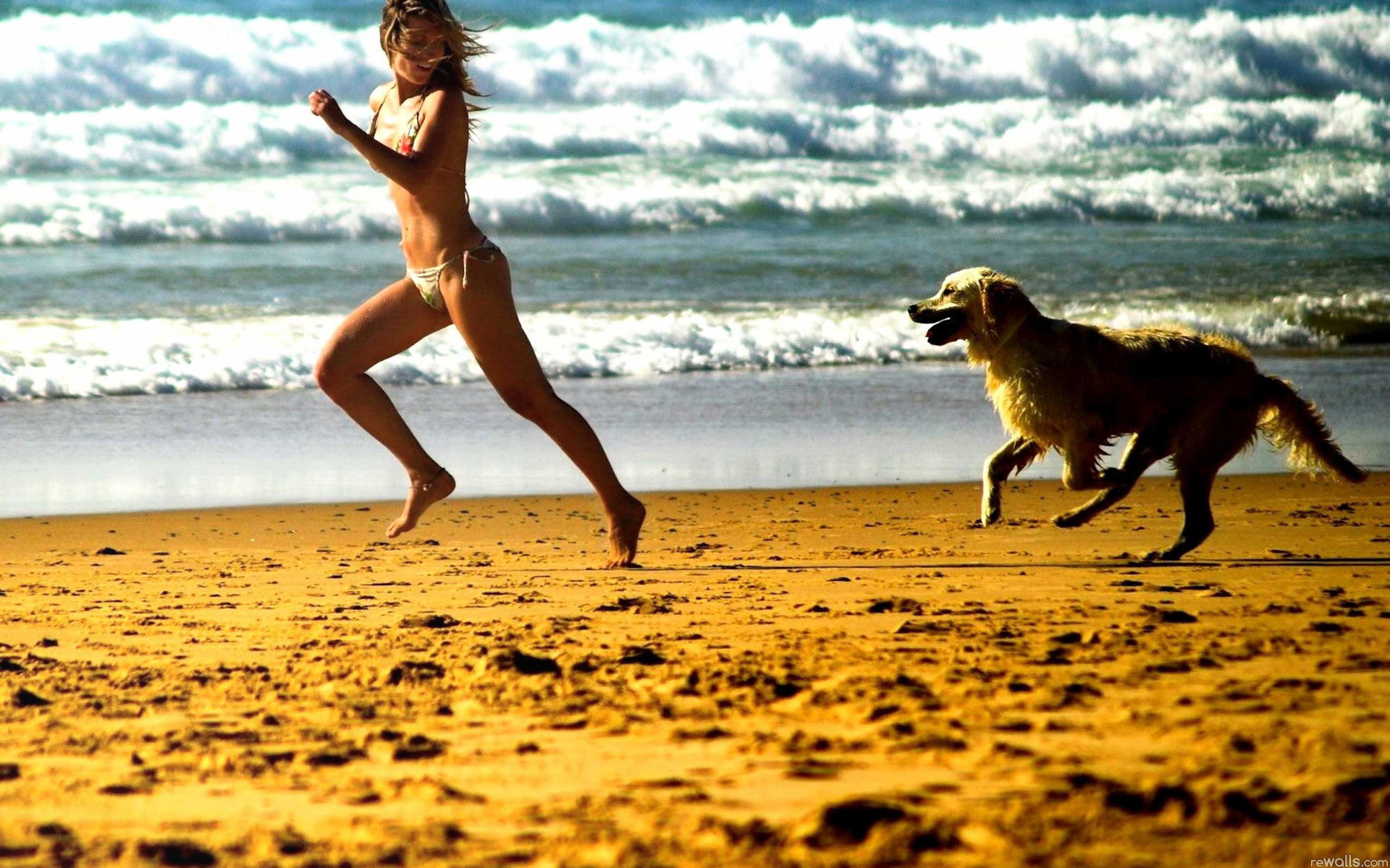 Donna, Golden retriever, Corsa, Spiaggia, 1920x1200, wallpaper desktop