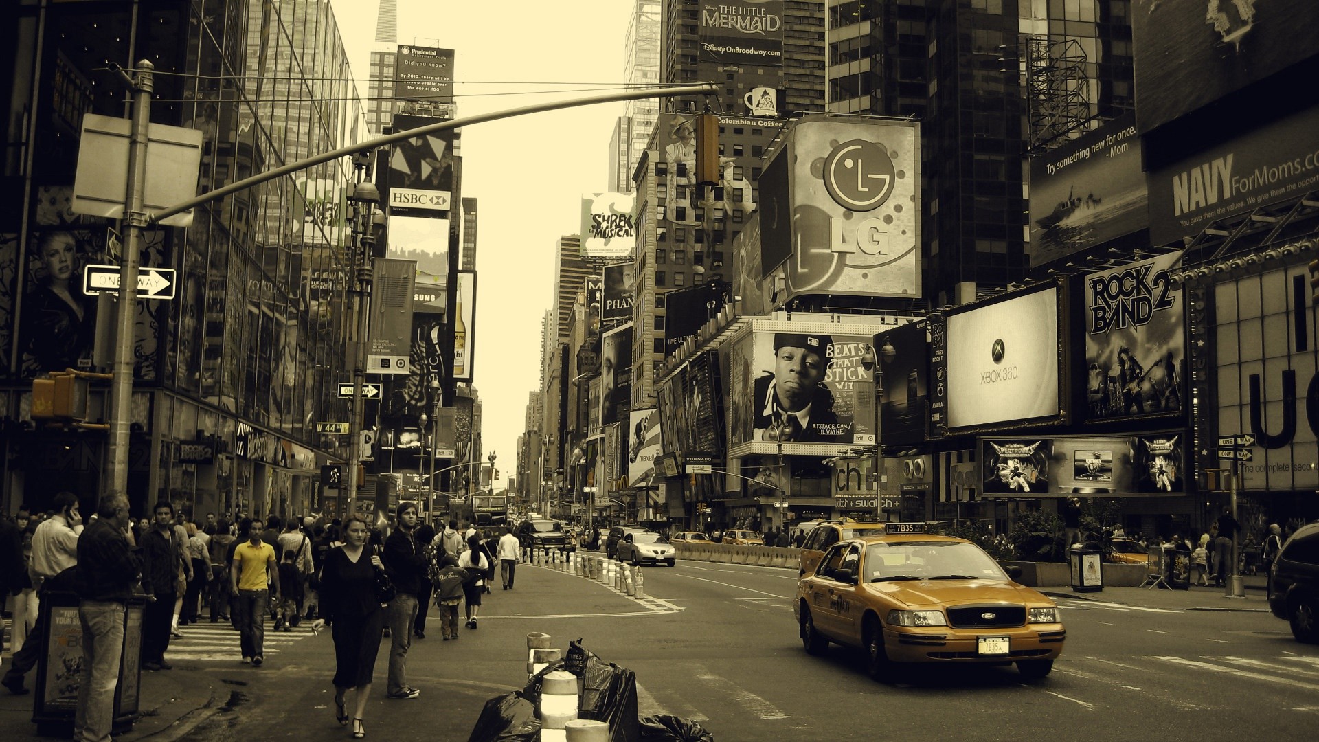 Times Square, Taxi giallo, Folla, Seppia, Full HD, sfondo Windows 11