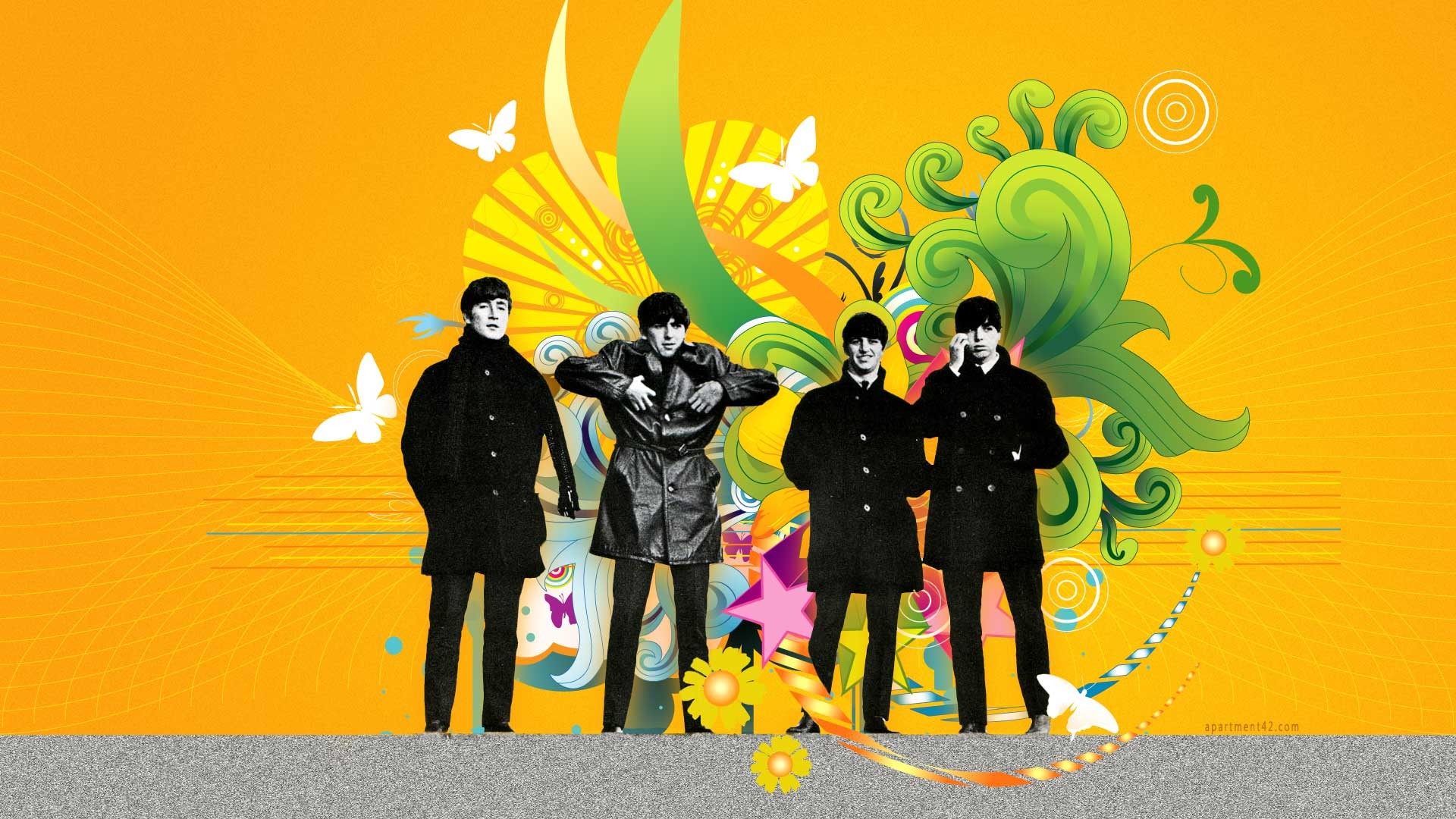 The Beatles, Ornamenti floreali, Sfondo arancione, Illustrazione, wallpaper Windows 11