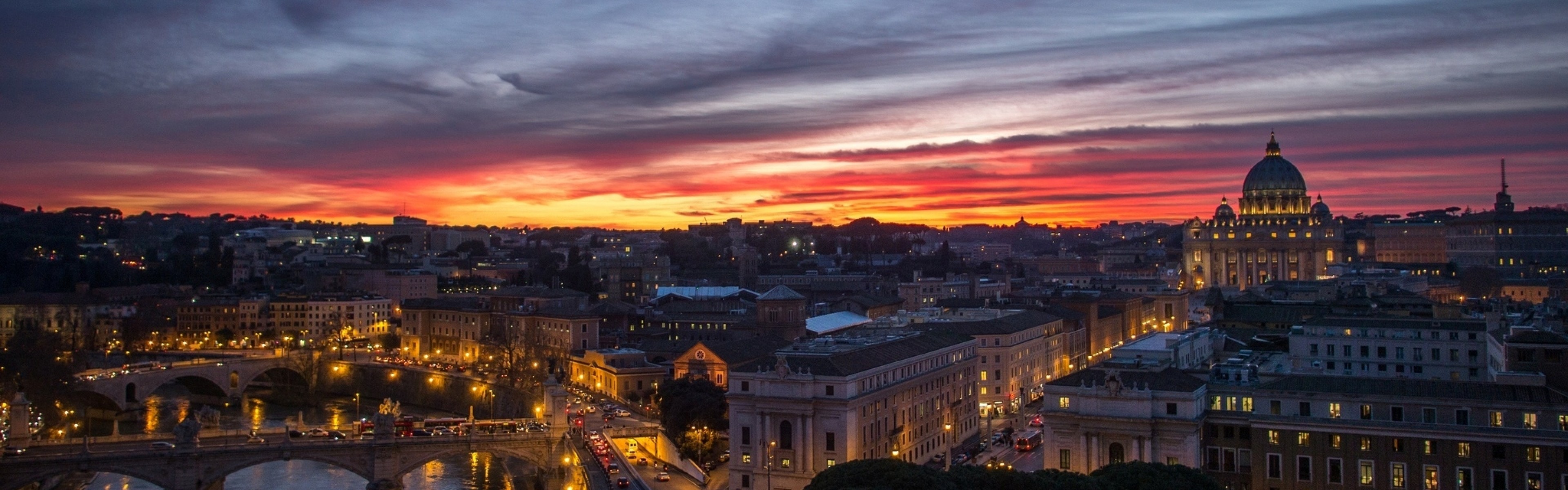 Roma, Basilica di San Pietro, Panorama, Tramonto, doppio schermo, sfondo Full HD