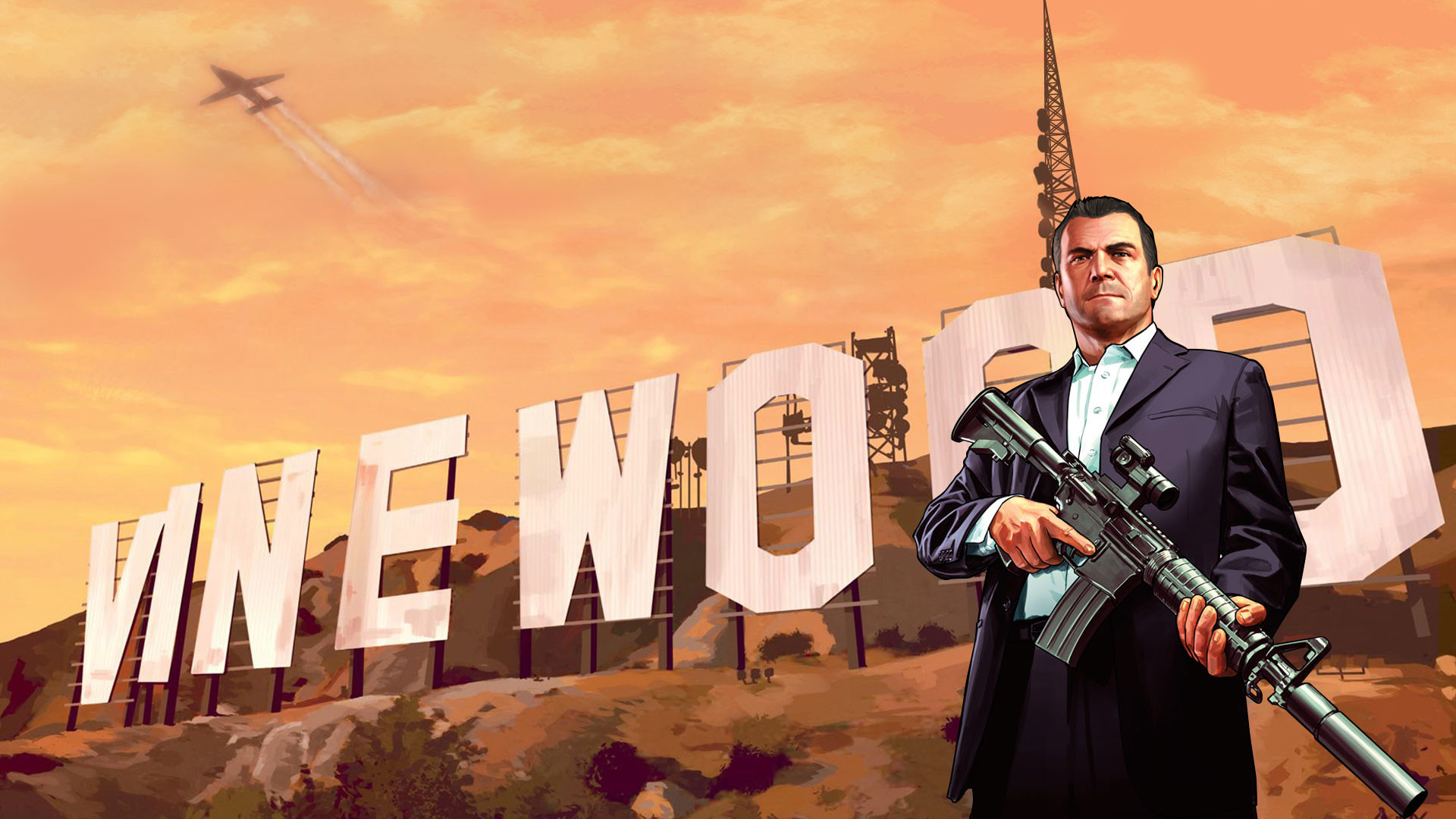 Grand Theft Auto V, Michael De Santa, Insegna Vinewood, Fucile, 1920x1080, immagine di sfondo
