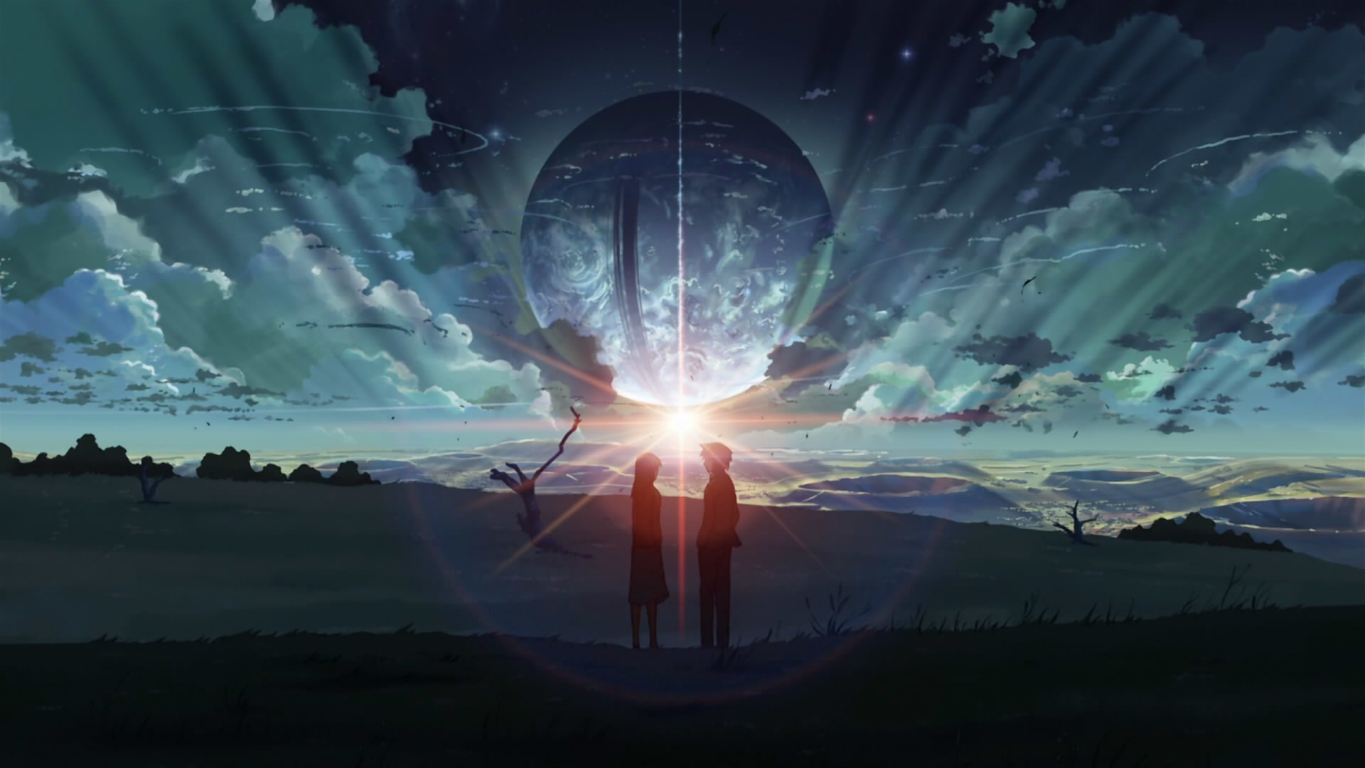 Coppia, Silhouette, Pianeta, Raggi di luce, Paesaggio anime, Full HD 1080p, sfondo desktop