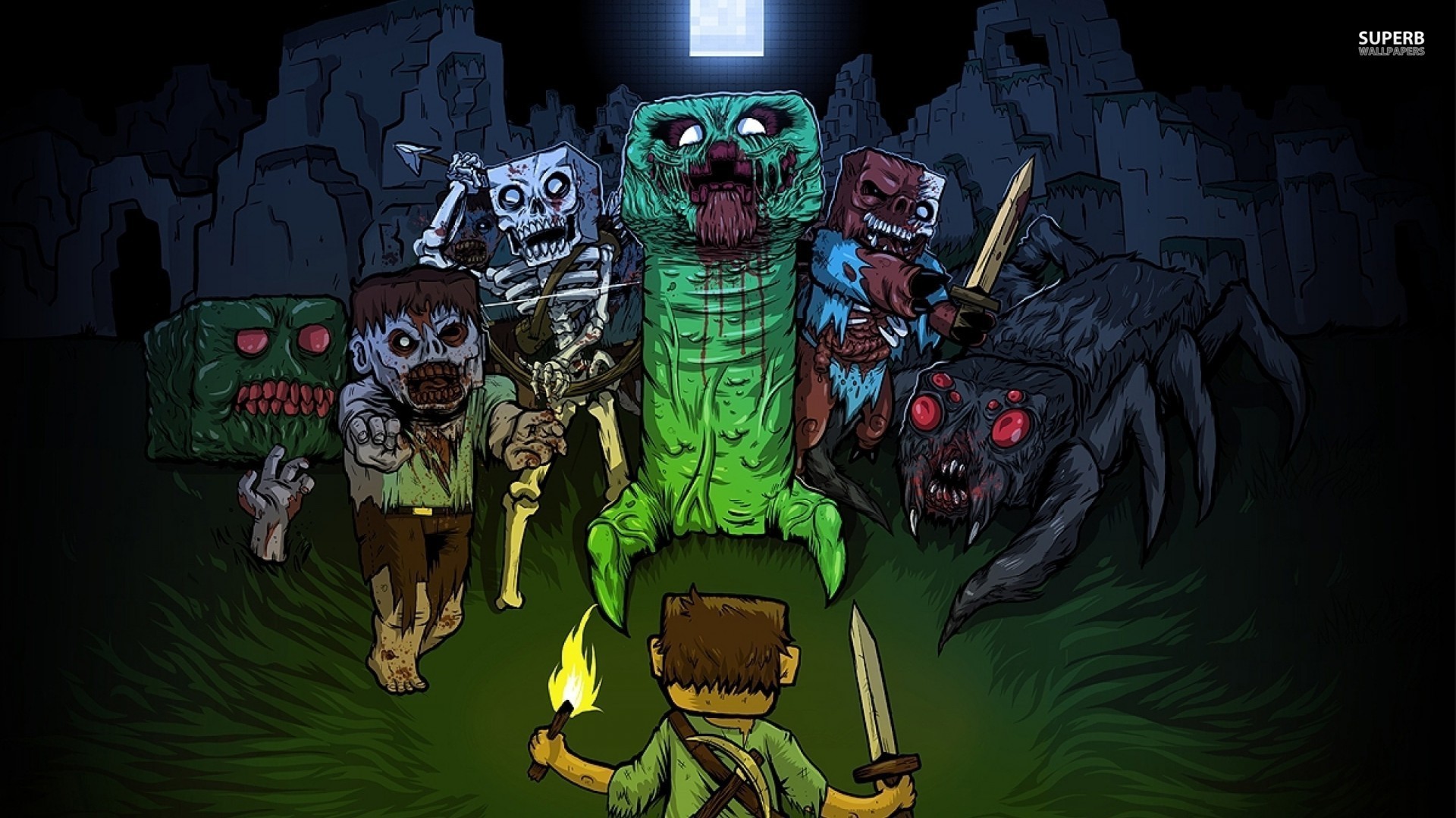 Minecraft, Creeper, Scheletro, Zombie, Grotta, Torcia, Full HD, sfondo Windows 11