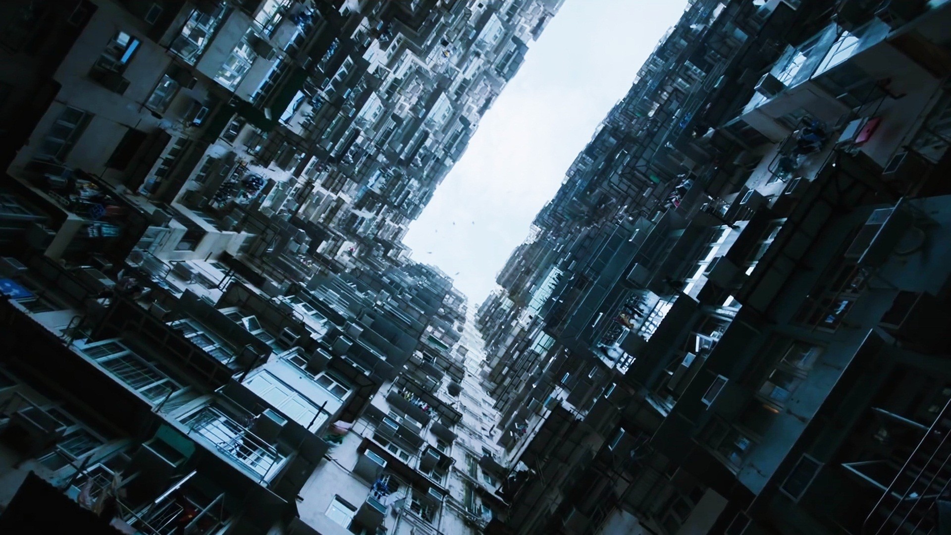 Ghost in the Shell, Grattacieli, Città cyberpunk, Vista dal basso, sfondo desktop Full HD