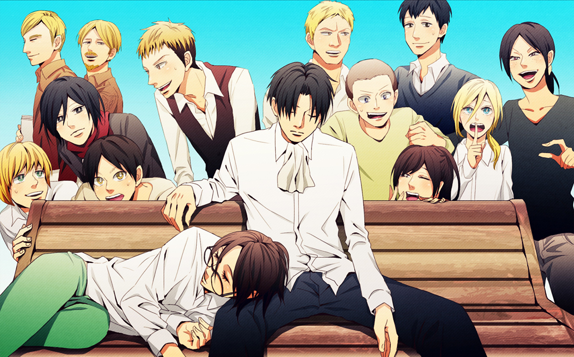 Levi Ackerman, Eren Jaeger, Mikasa Ackerman, Armin Arlert, L'attacco dei giganti, Personaggi, sfondo Full HD