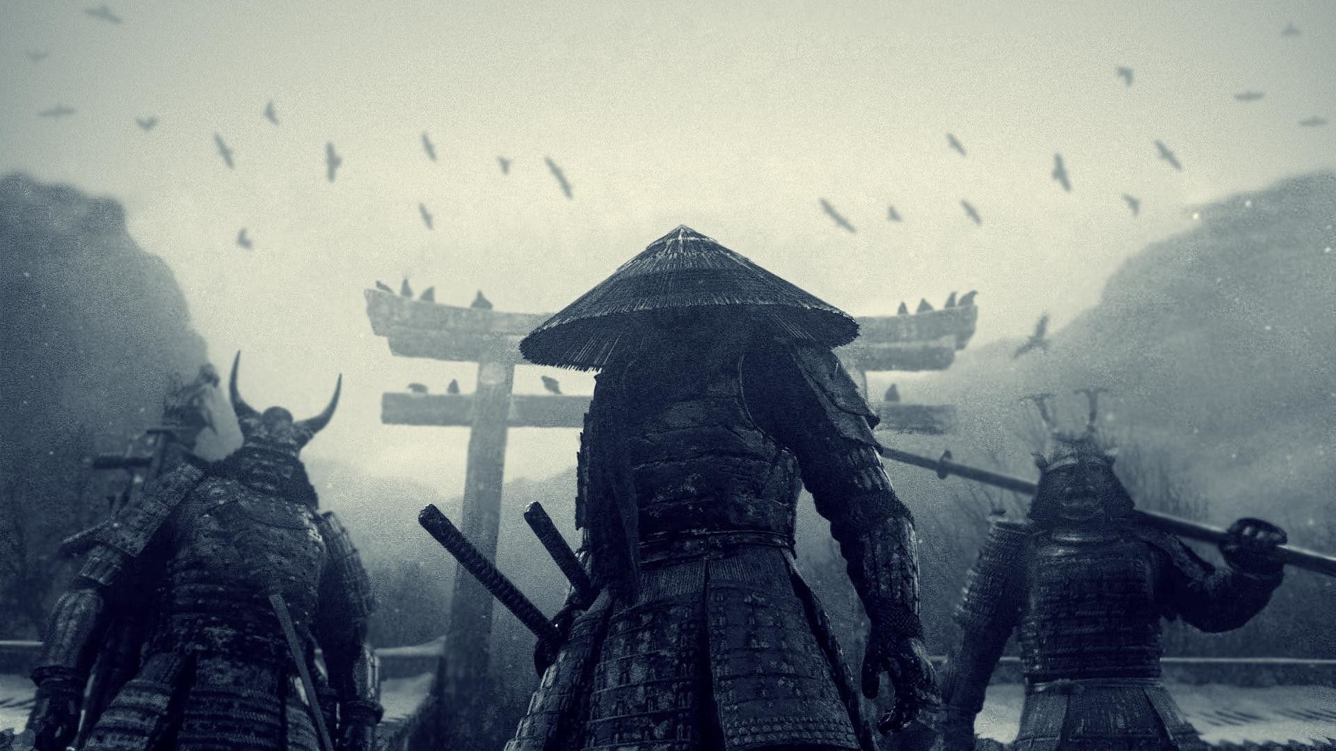 Samurai, Torii, Cappello di paglia, Armatura, Nebbia, Full HD, wallpaper per portatile