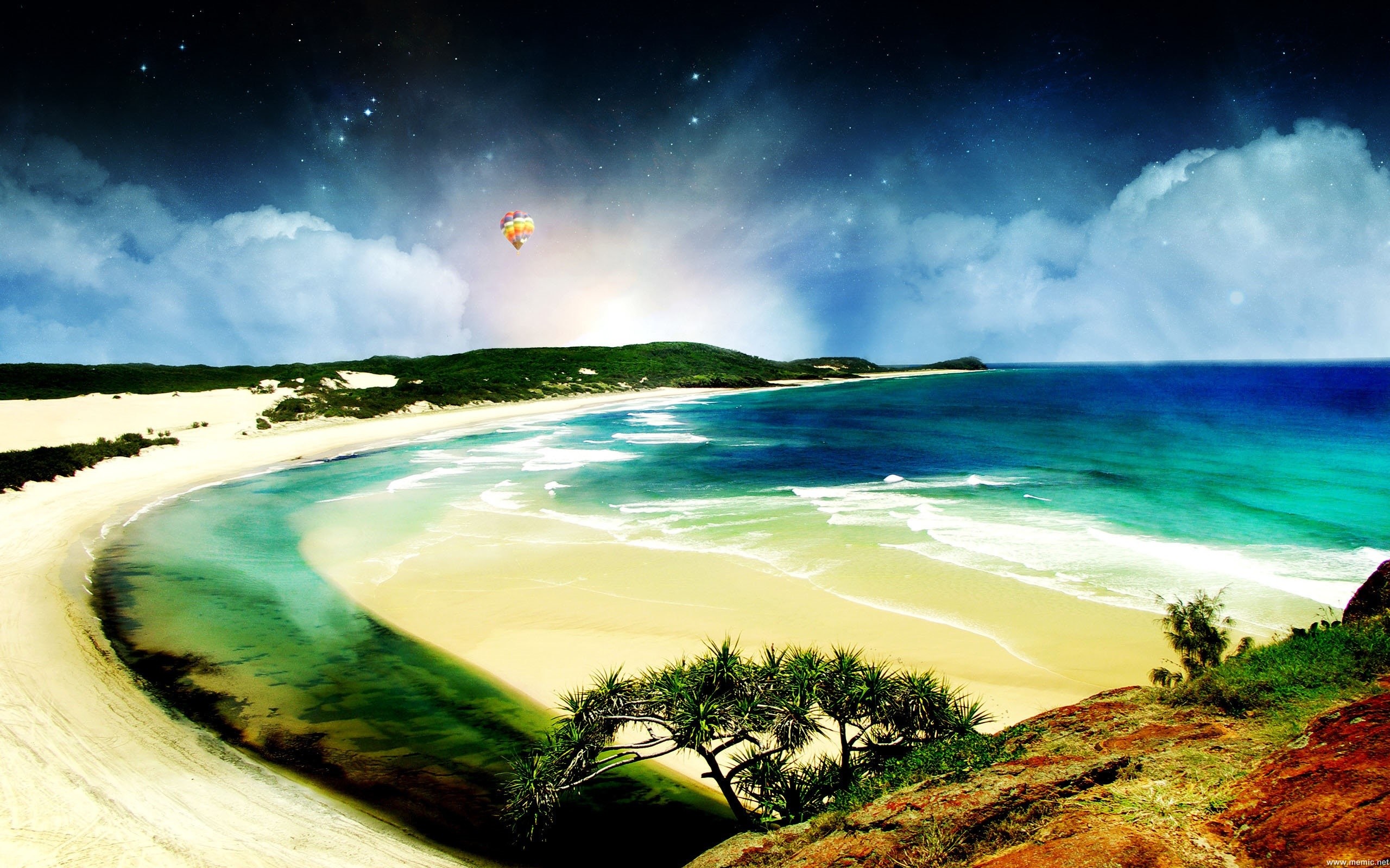 Baia, Spiaggia, Cielo stellato, Mongolfiera, Arte digitale, 2K 1600p, sfondo desktop