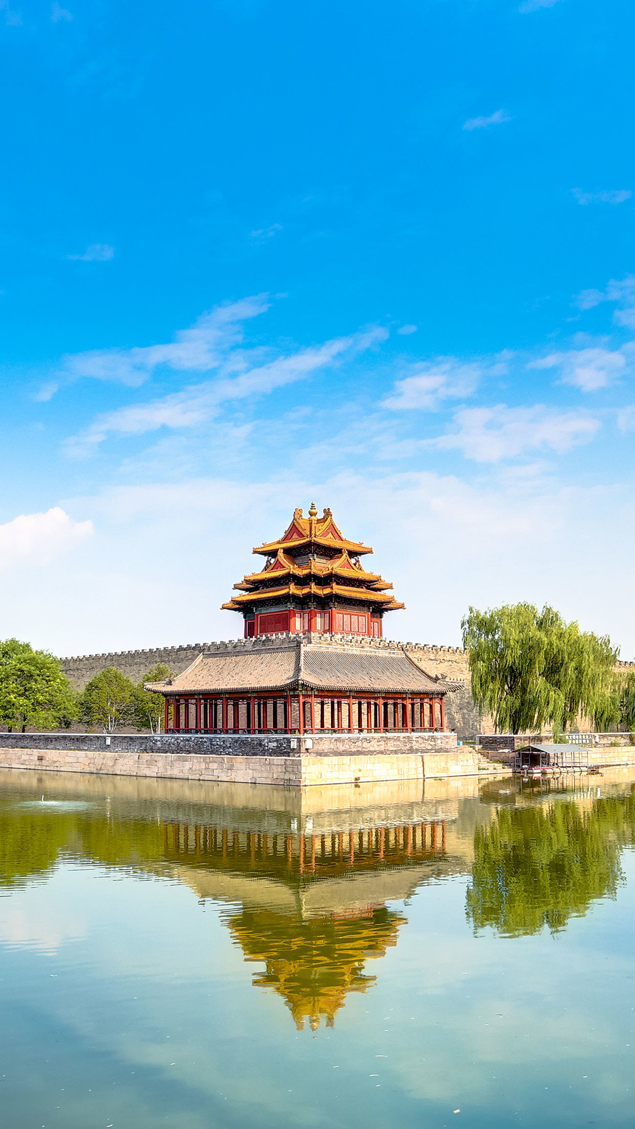 Città Proibita, Torre d'angolo, Pechino, Cina, Riflesso, Cielo azzurro, sfondo cellulare Android