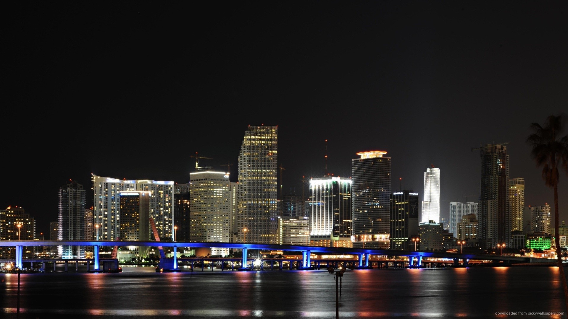 Downtown Miami, Miami, Skyline, Notte, Full HD, wallpaper per PC