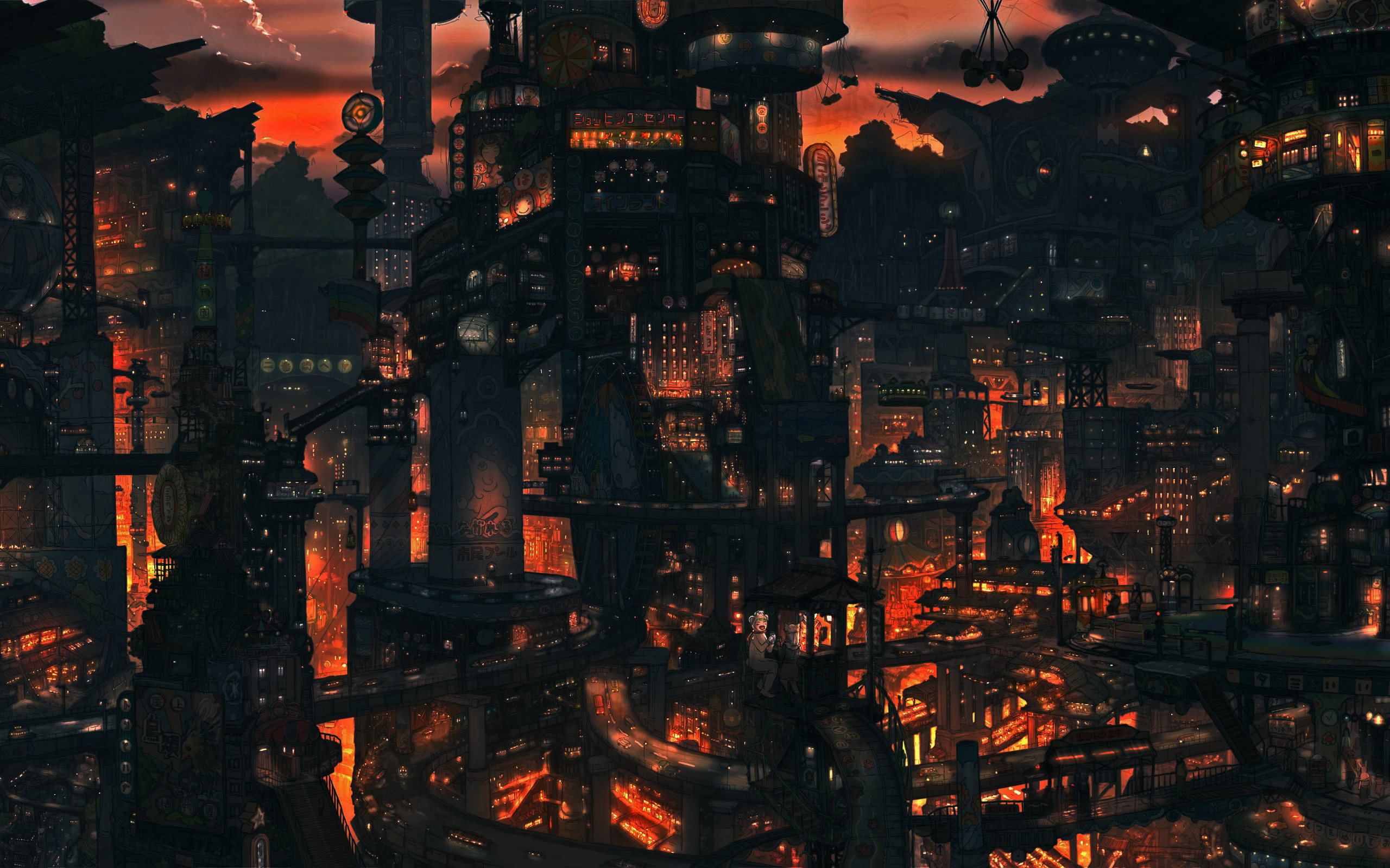 Città industriale, Notte, Luci rosse, Steampunk, 2K 1600p, sfondo desktop
