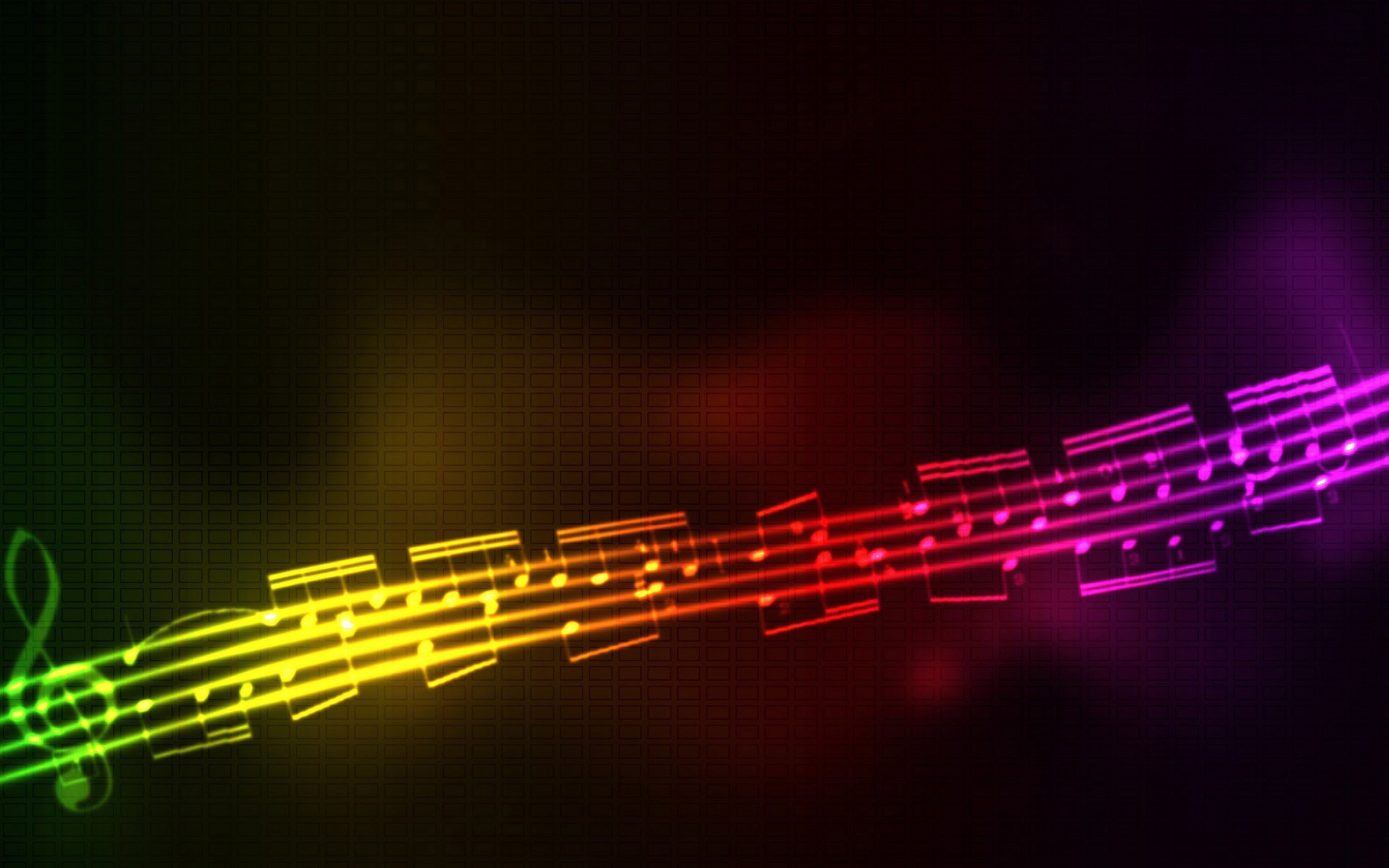 Pentagramma luminoso, Note musicali, Arcobaleno, Sfondo scuro, 2K, wallpaper desktop