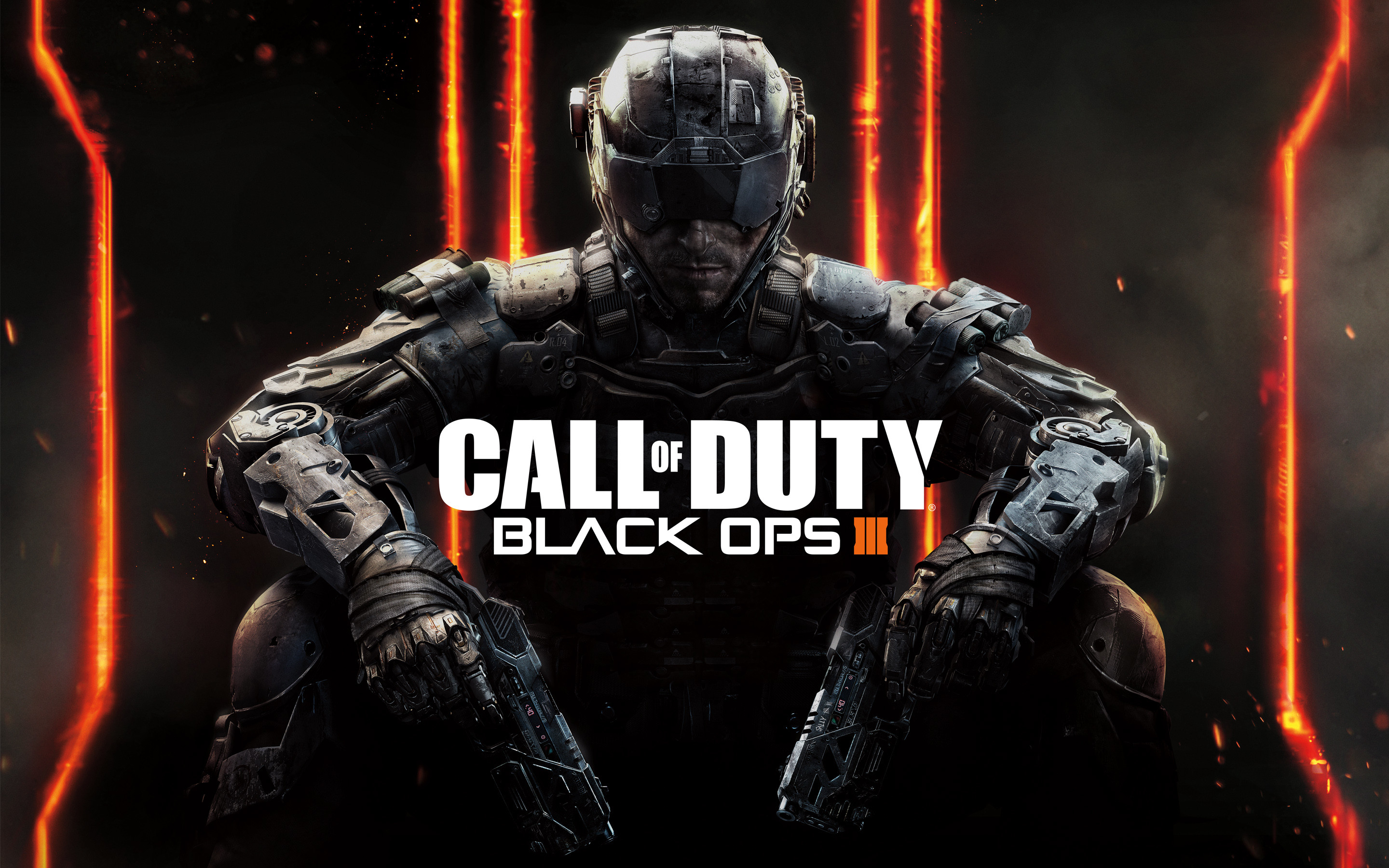 Call of Duty: Black Ops III, Logo, Soldato, Armatura, Luci arancioni, sfondo 16:10 2K