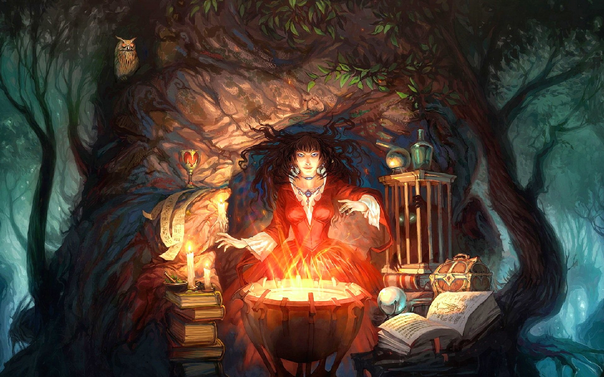Strega, Calderone, Libri, Candele, Gufo, Magia, 1920x1200, sfondo MacBook Pro