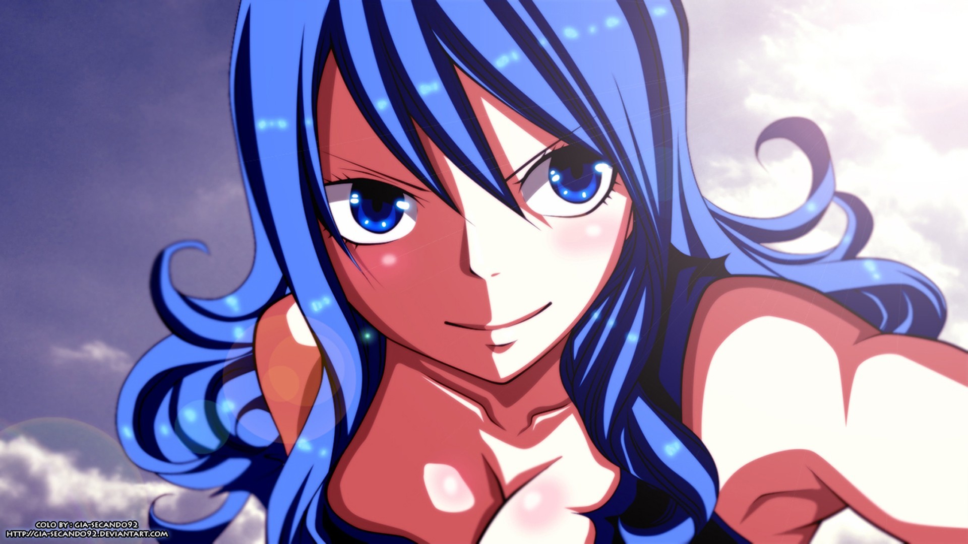 Juvia Lockser, Fairy Tail, Capelli blu, Primo piano, Cielo, Full HD, sfondo desktop