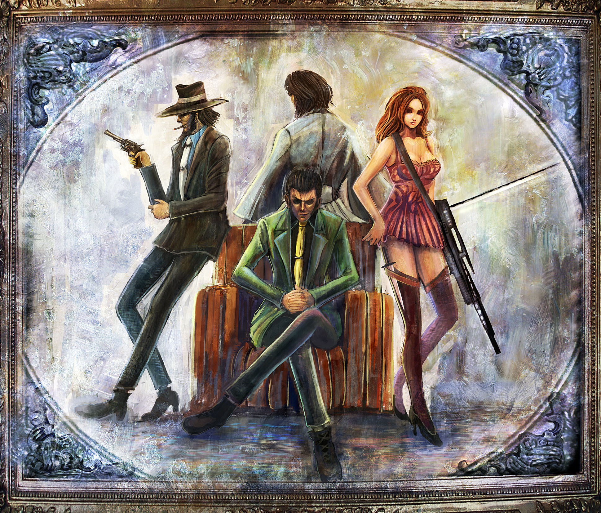 Lupin III, Daisuke Jigen, Fujiko Mine, Goemon Ishikawa, Dipinto, sfondo Windows 11