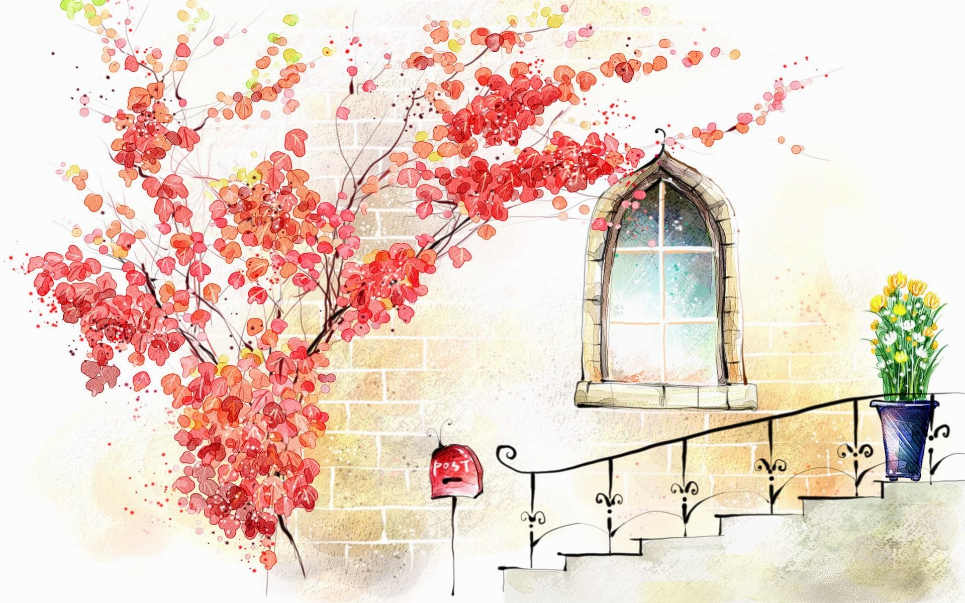 Albero in fiore, Finestra, Scala, Acquerello, Illustrazione, Full HD, sfondo desktop