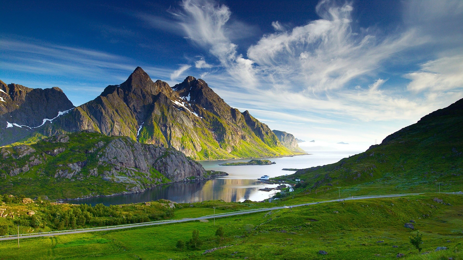 Isole Lofoten, Norvegia, Fiordo, Montagne, 16:9 Full HD, sfondo widescreen