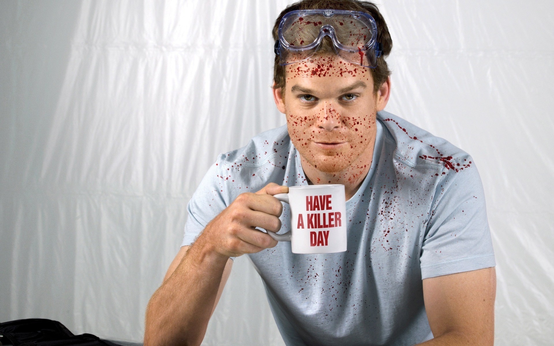 Dexter Morgan, Michael C. Hall, Dexter, Have a Killer Day, Tazza, Schizzi di sangue, sfondo Full HD