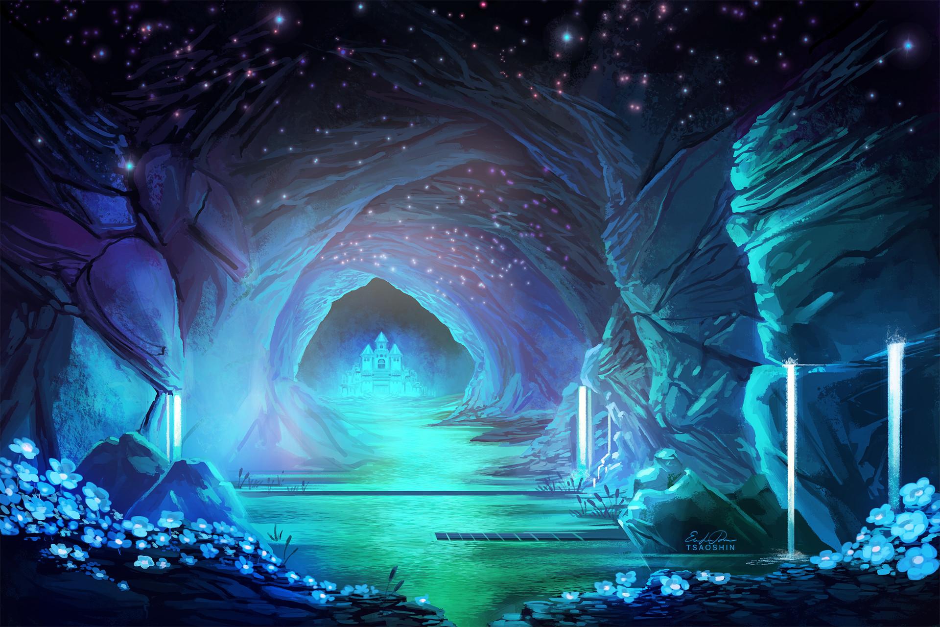 Waterfall, Undertale, Grotta, Azzurro, Fan art, Full HD, sfondo Windows 11